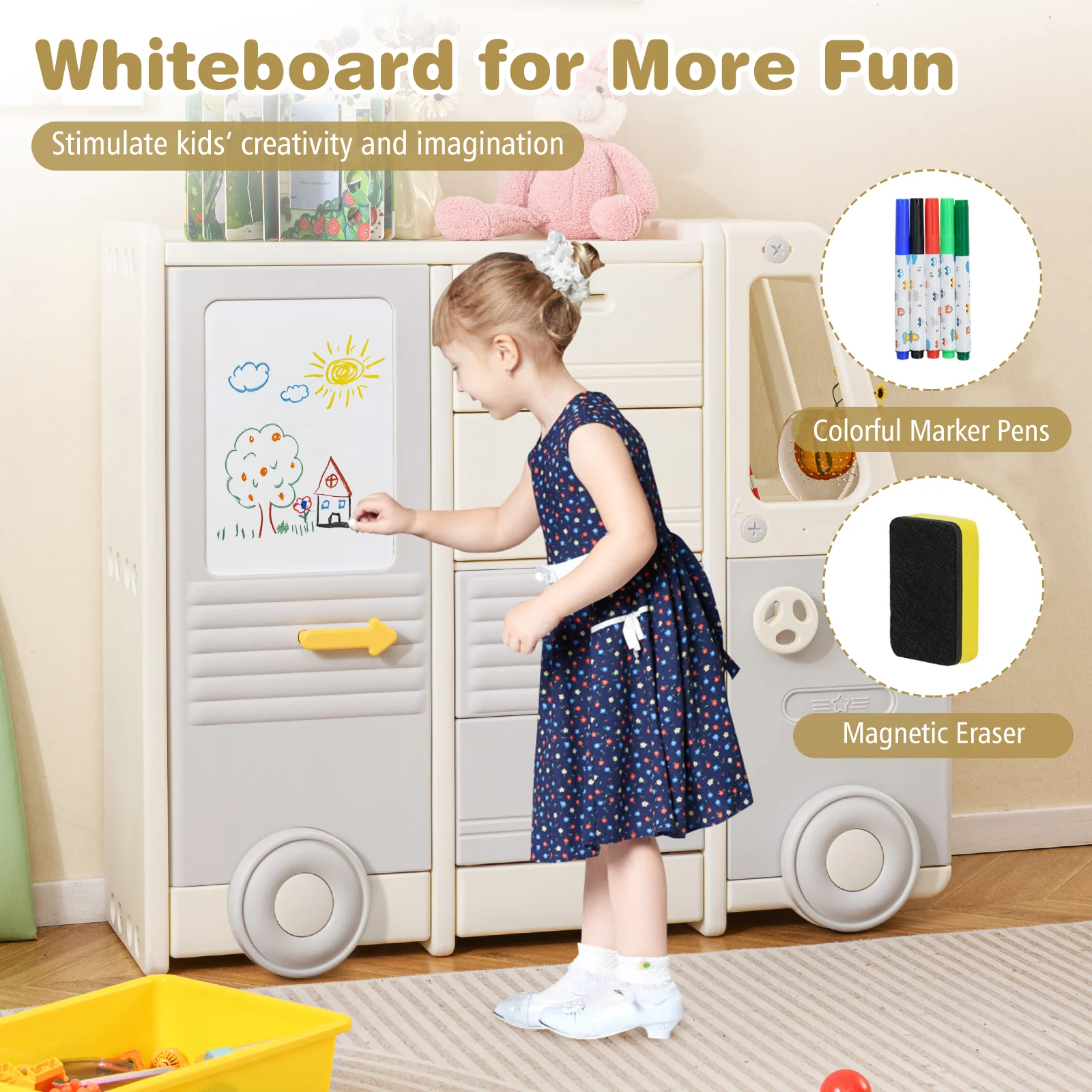 Kids Toy Storage Organizer, Bus-shaped Children Cabinet - Image 5