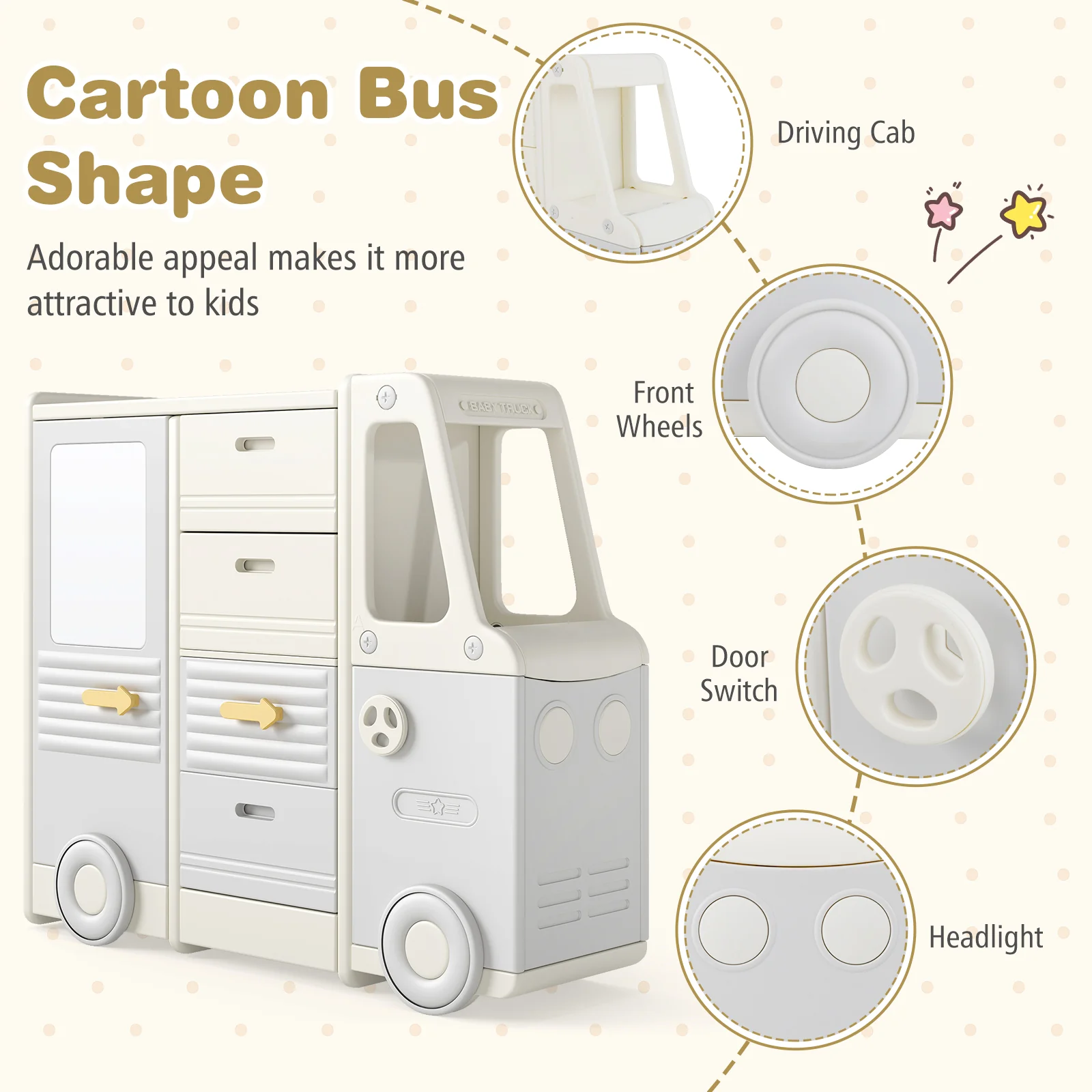 Kids Toy Storage Organizer, Bus-shaped Children Cabinet - Image 7