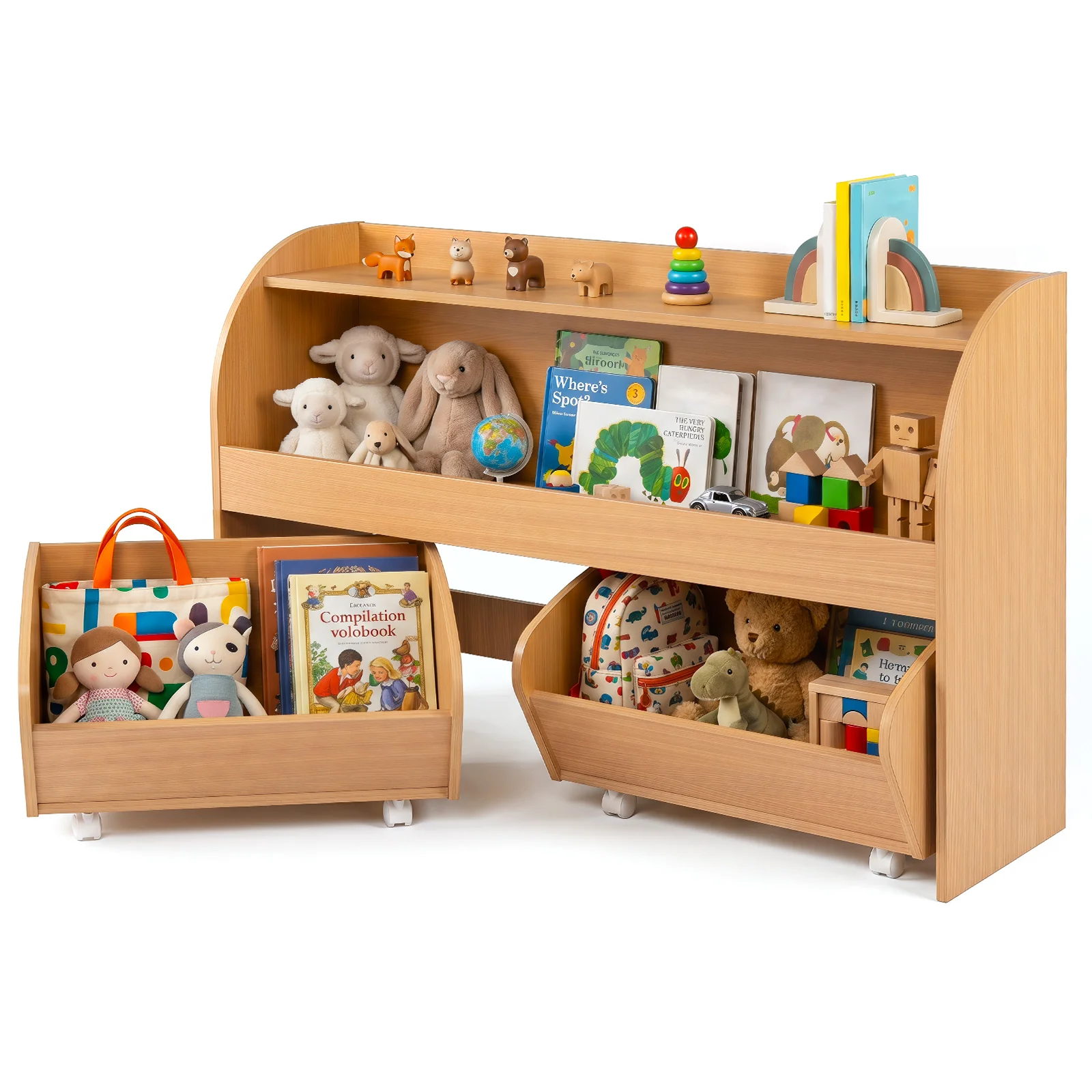 Kids Toy Storage Organizer, Toddler Wooden Montessori Toy Storage Shelf with 2 Rolling Drawers - Image 10