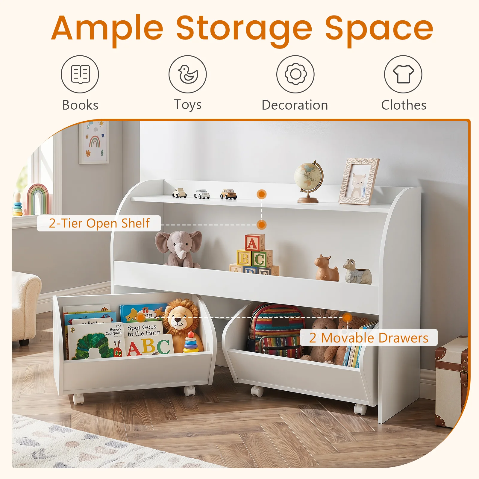 Kids Toy Storage Organizer, Toddler Wooden Montessori Toy Storage Shelf with 2 Rolling Drawers - Image 5