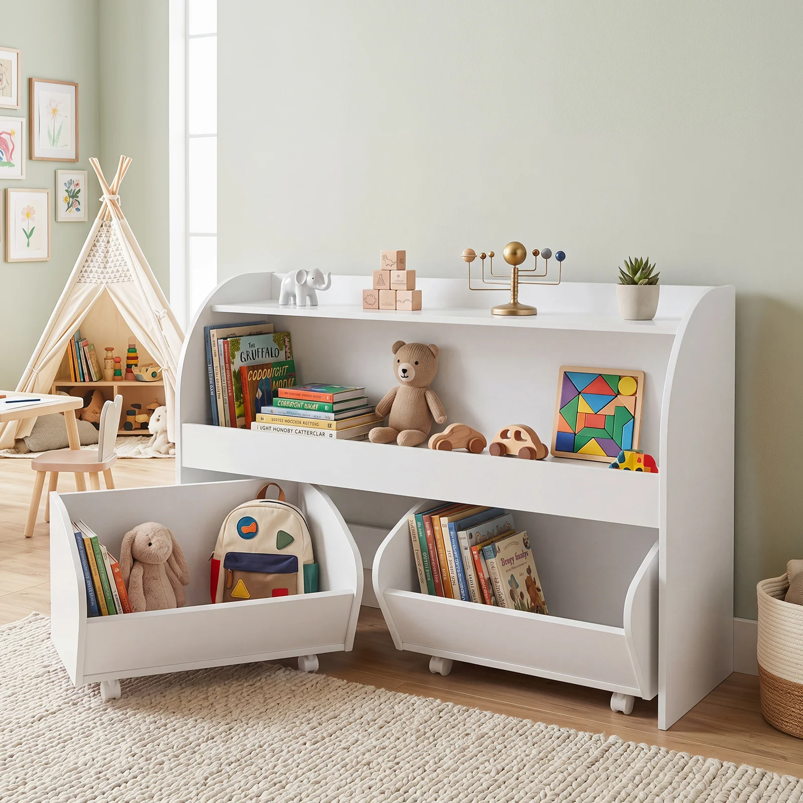 Kids Toy Storage Organizer, Toddler Wooden Montessori Toy Storage Shelf with 2 Rolling Drawers - Image 7