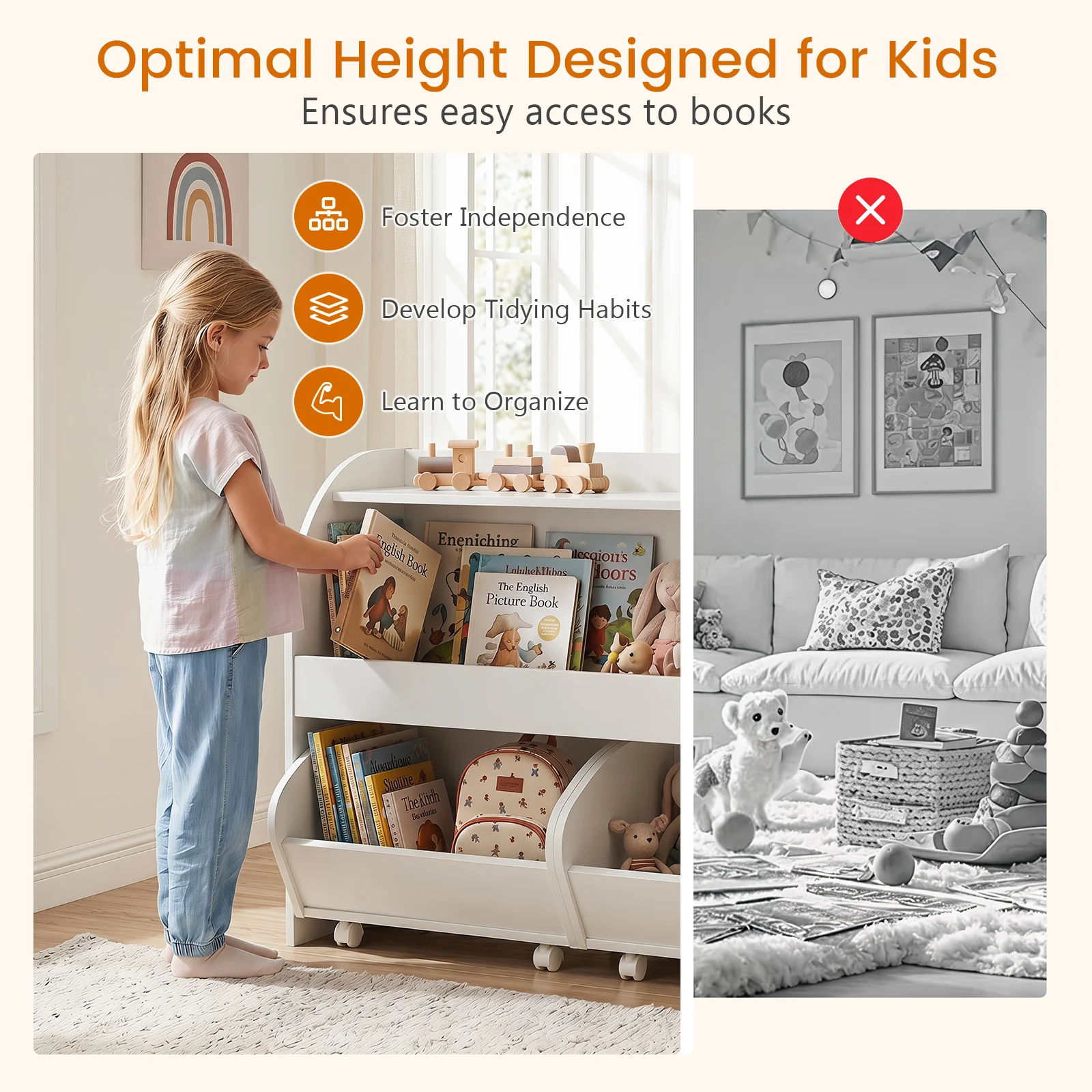 Kids Toy Storage Organizer, Toddler Wooden Montessori Toy Storage Shelf with 2 Rolling Drawers - Image 8