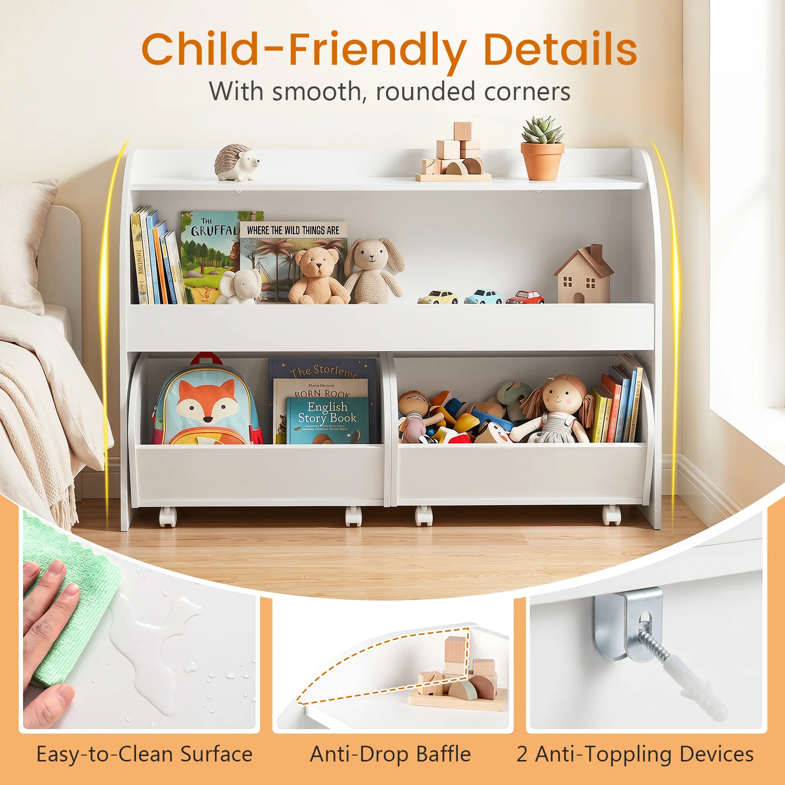 Kids Toy Storage Organizer, Toddler Wooden Montessori Toy Storage Shelf with 2 Rolling Drawers - Image 9