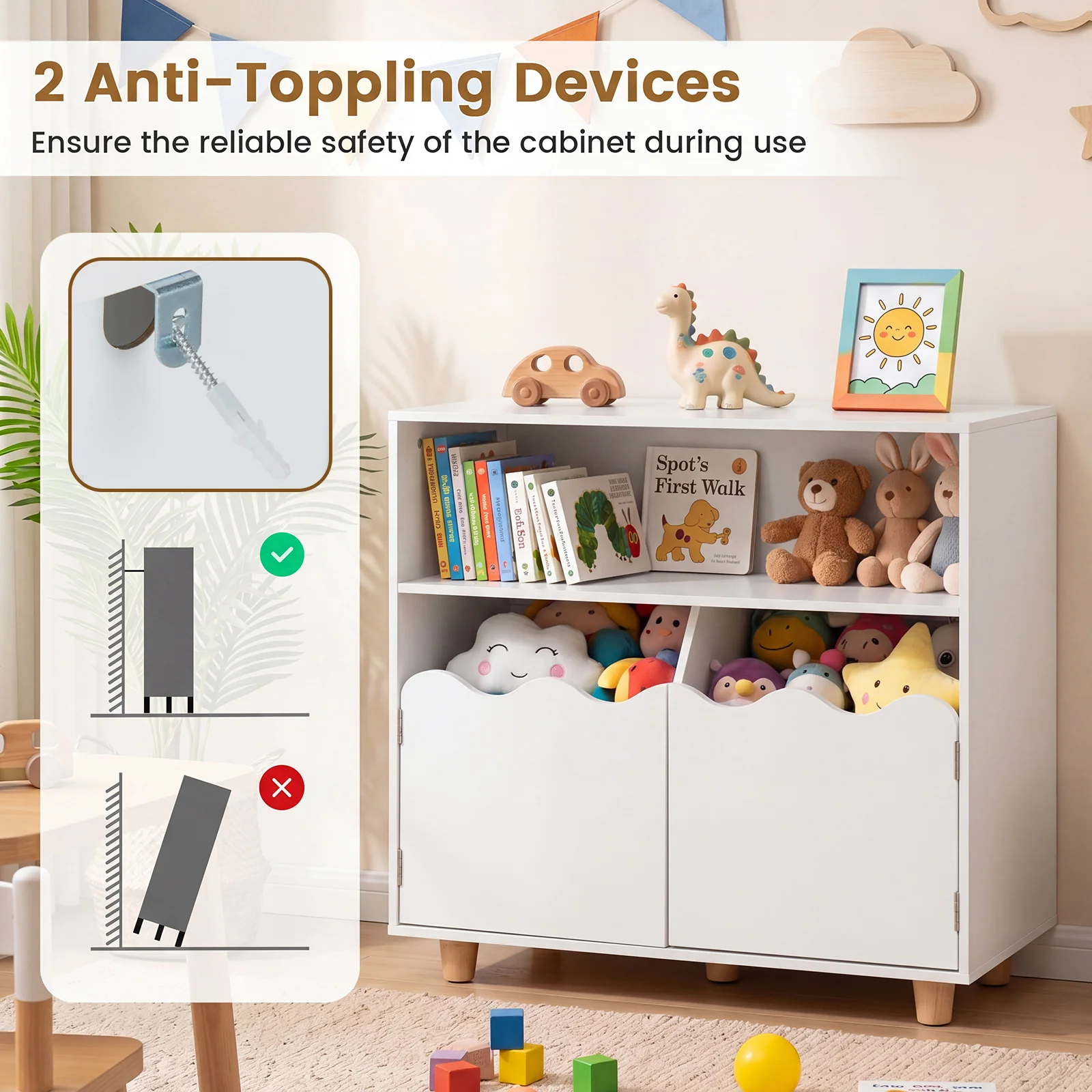 Kids Toy Storage Organizer, Wooden Bookshelf with 2 Anti-Toppling Devices, Top Surface - Image 5