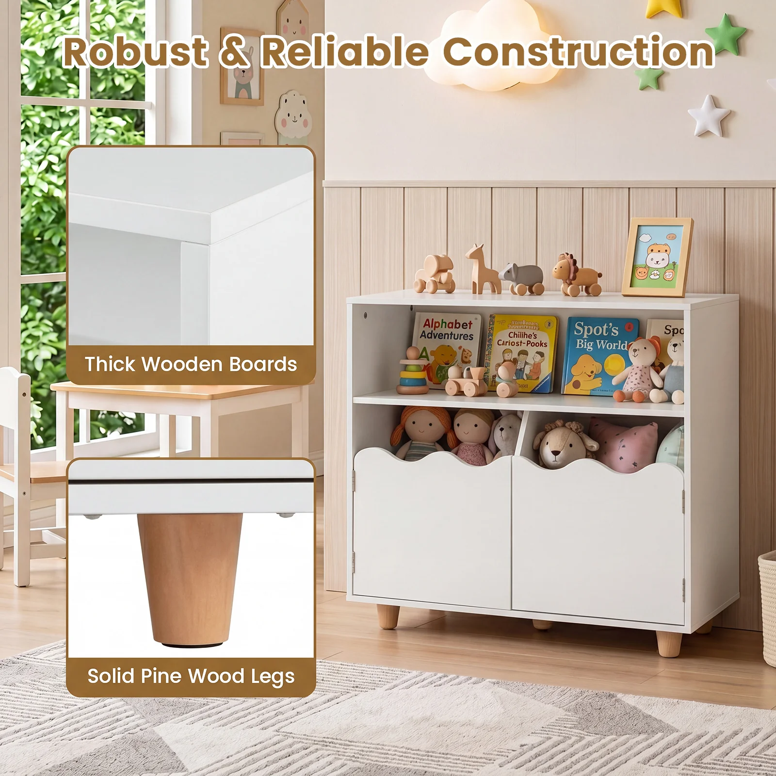 Kids Toy Storage Organizer, Wooden Bookshelf with 2 Anti-Toppling Devices, Top Surface - Image 9