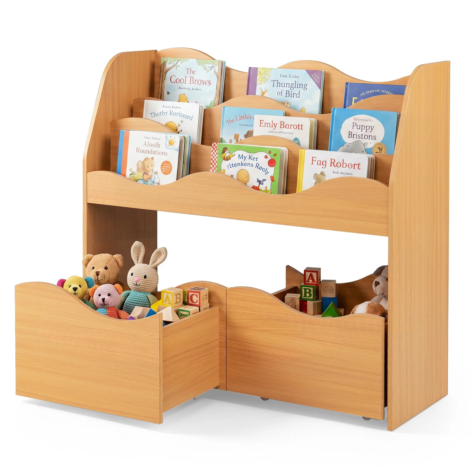 Kids Toy Storage Organizer, Wooden Montessori Bookshelf with 2 Rolling Drawers, Toddler Storage Cabinet - Image 10