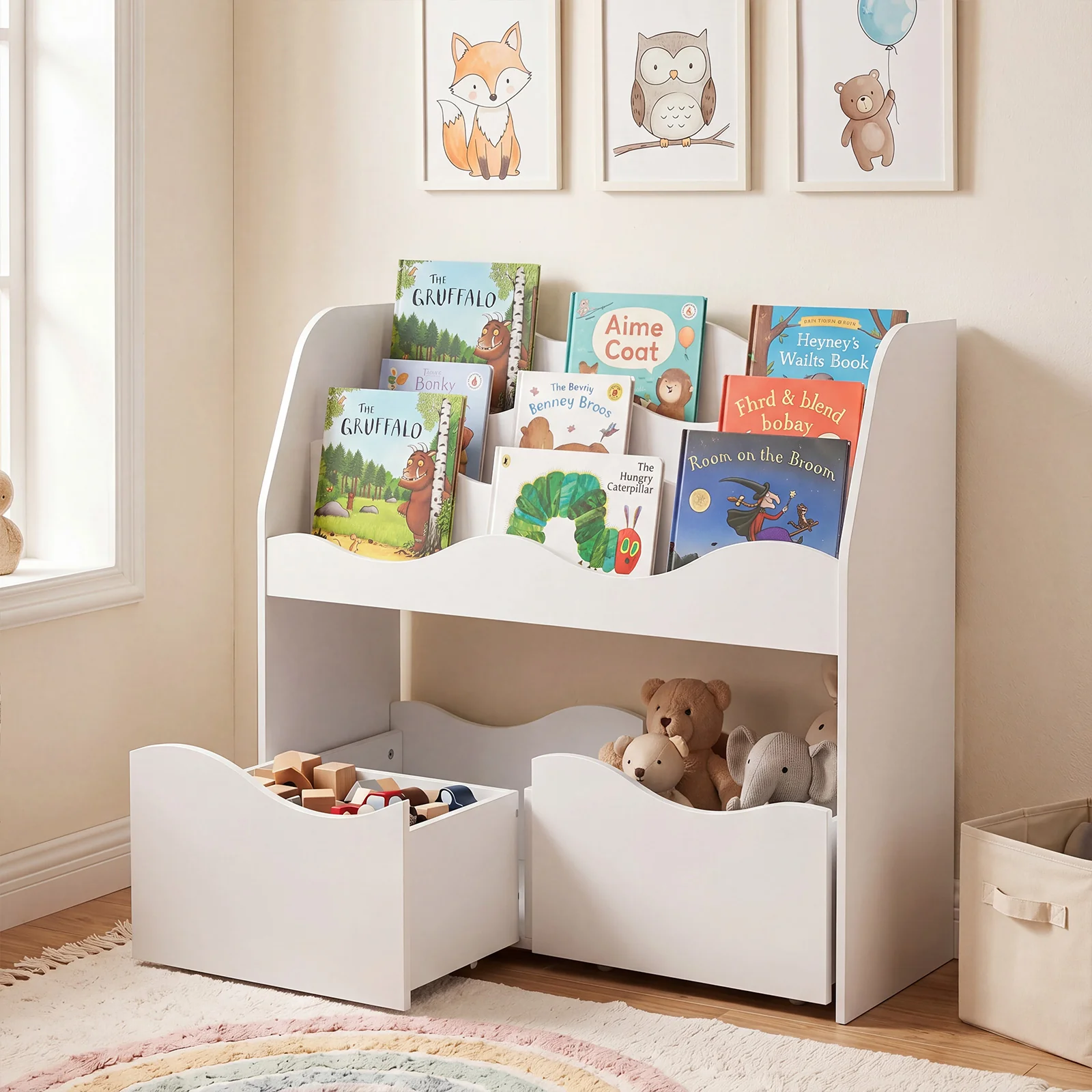 Kids Toy Storage Organizer, Wooden Montessori Bookshelf with 2 Rolling Drawers, Toddler Storage Cabinet - Image 2