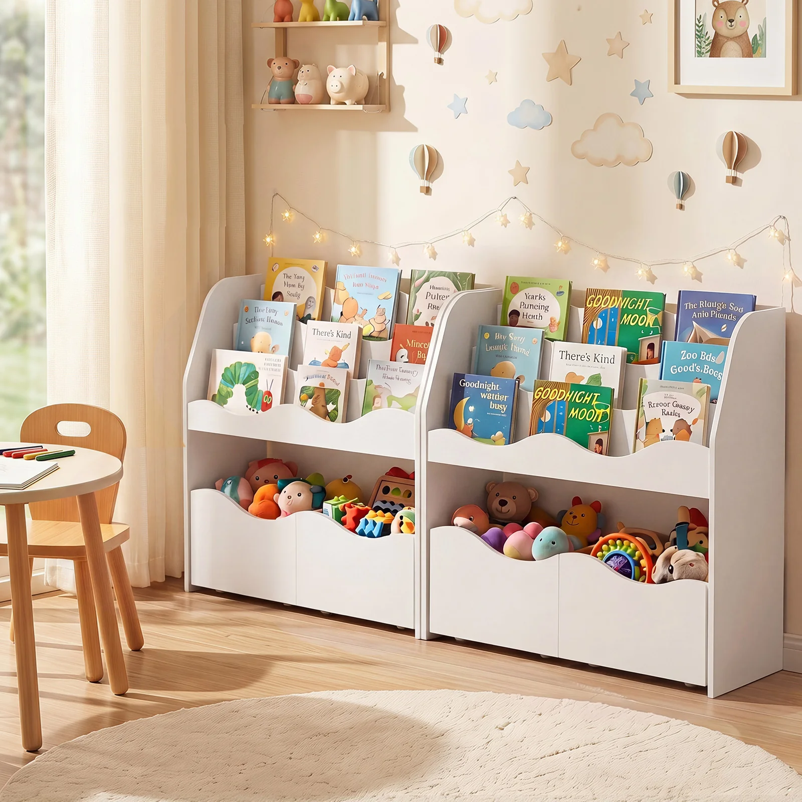 Kids Toy Storage Organizer, Wooden Montessori Bookshelf with 2 Rolling Drawers, Toddler Storage Cabinet - Image 3