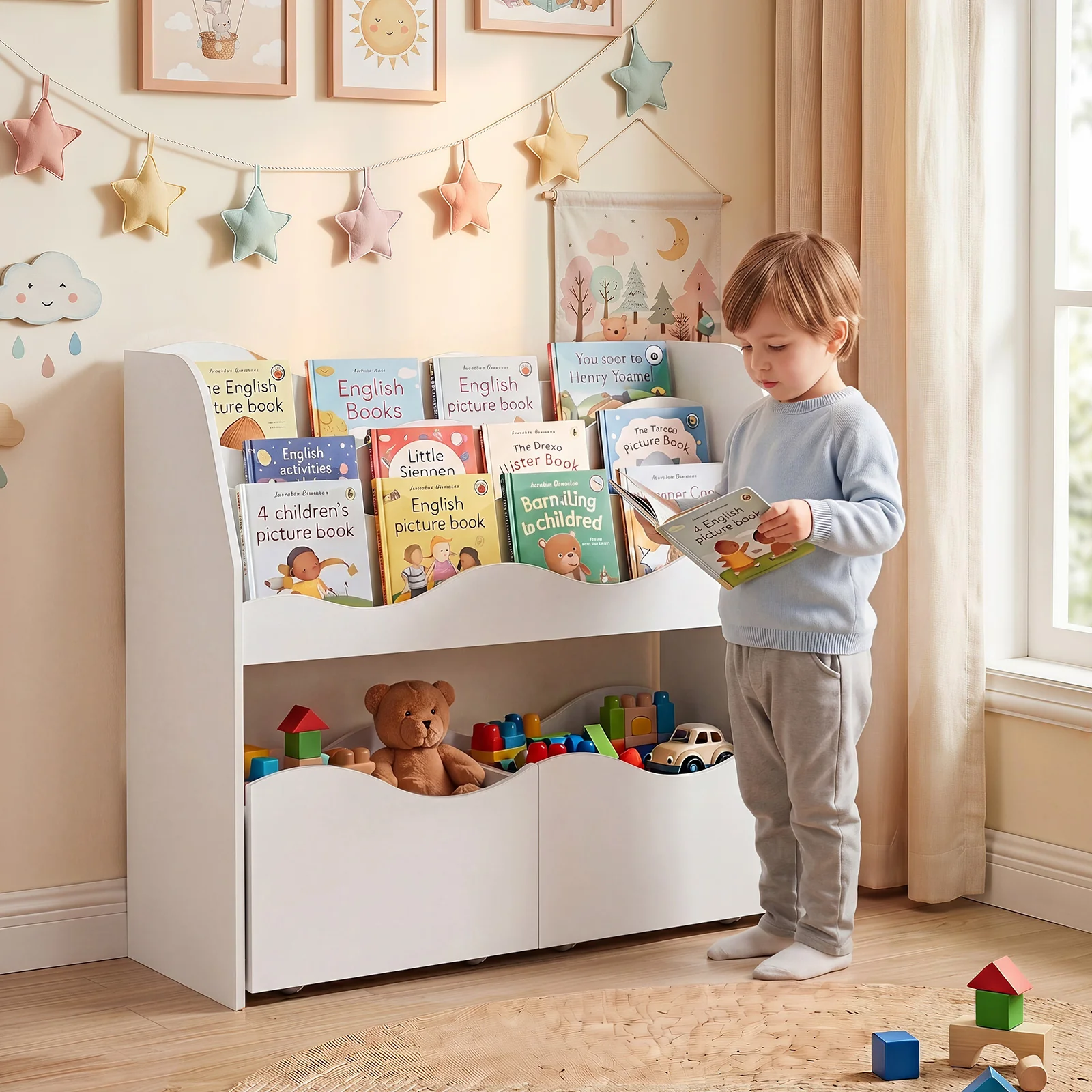 Kids Toy Storage Organizer, Wooden Montessori Bookshelf with 2 Rolling Drawers, Toddler Storage Cabinet - Image 4
