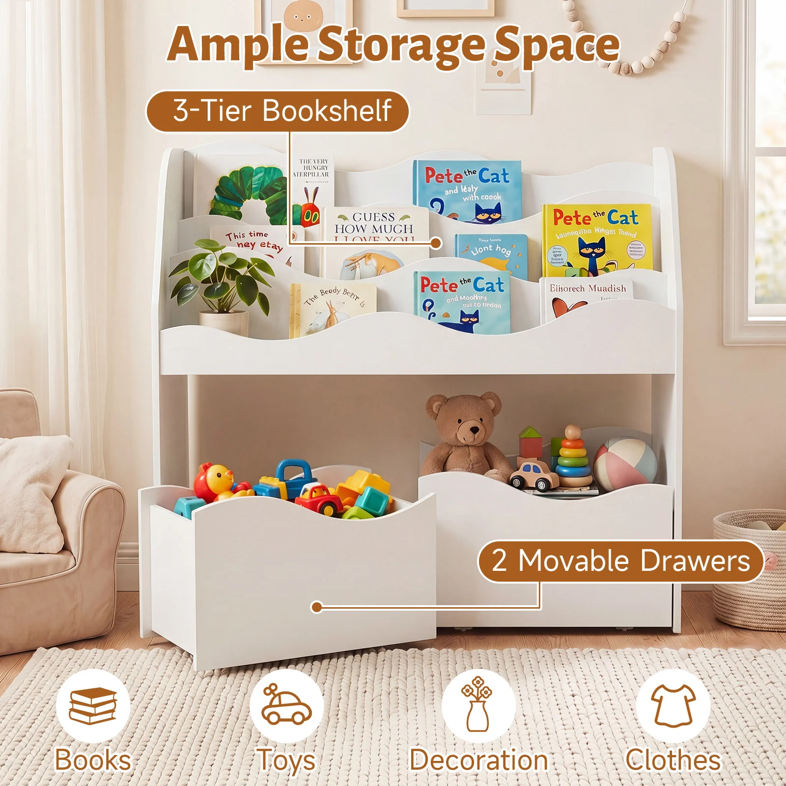 Kids Toy Storage Organizer, Wooden Montessori Bookshelf with 2 Rolling Drawers, Toddler Storage Cabinet - Image 6