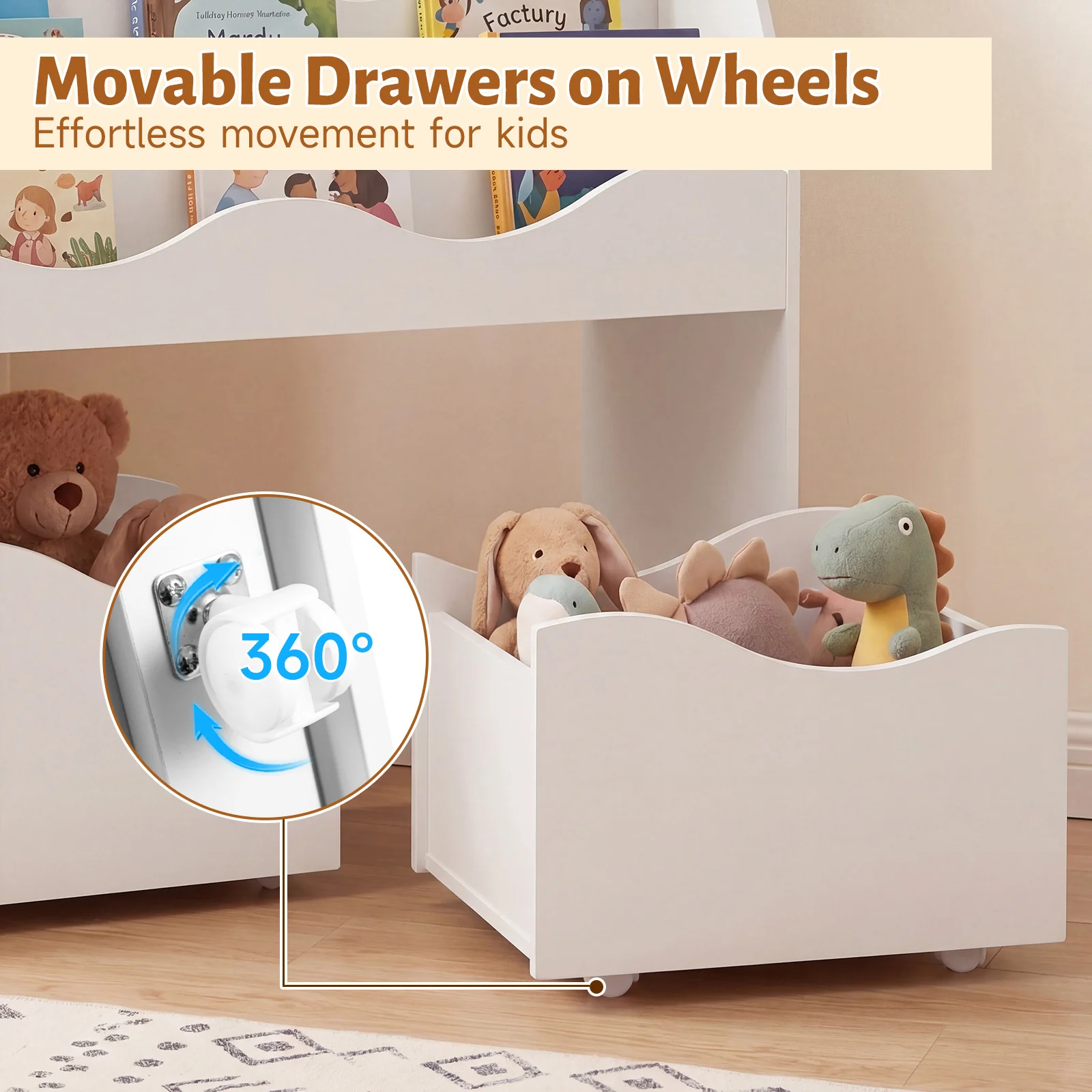 Kids Toy Storage Organizer, Wooden Montessori Bookshelf with 2 Rolling Drawers, Toddler Storage Cabinet - Image 7