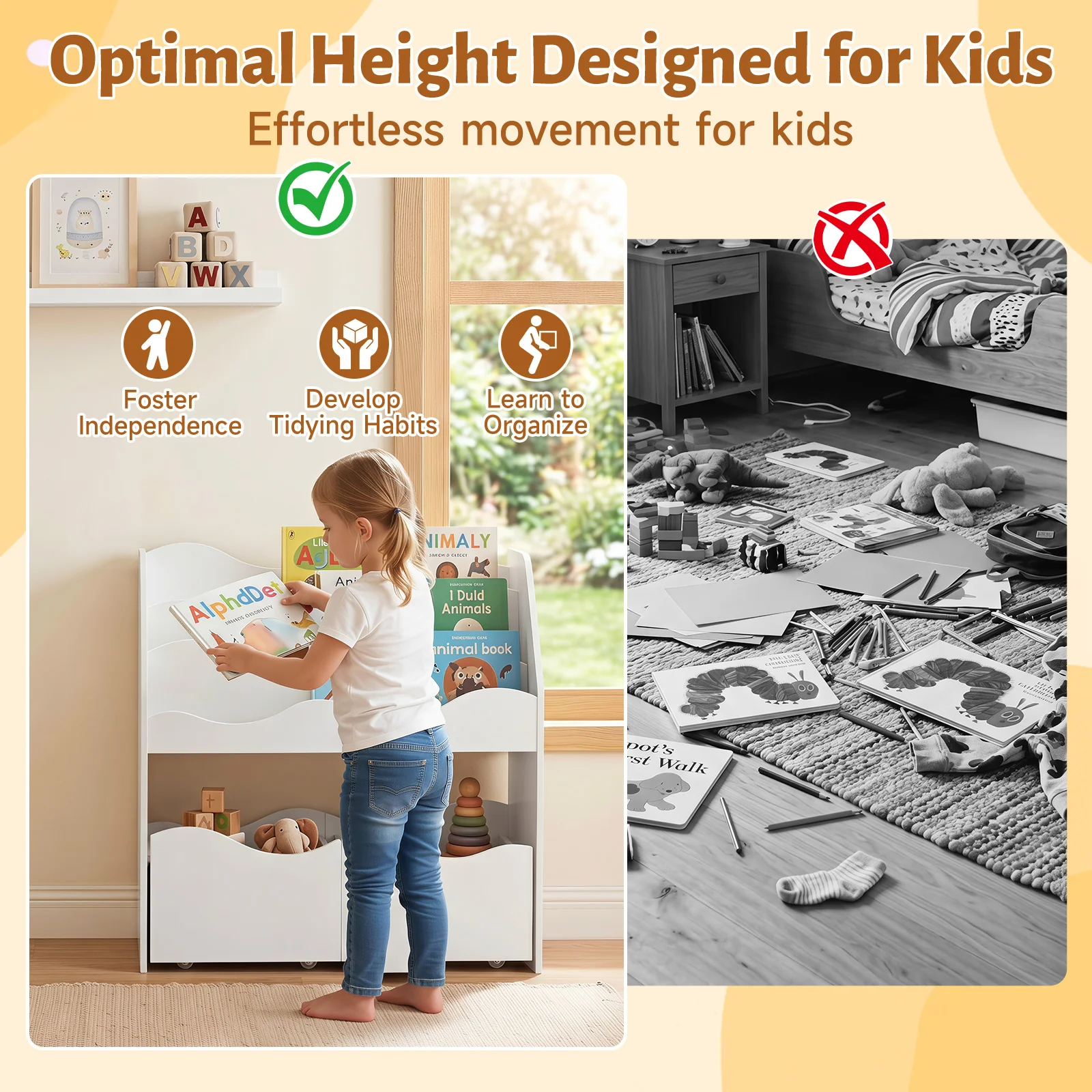 Kids Toy Storage Organizer, Wooden Montessori Bookshelf with 2 Rolling Drawers, Toddler Storage Cabinet - Image 9