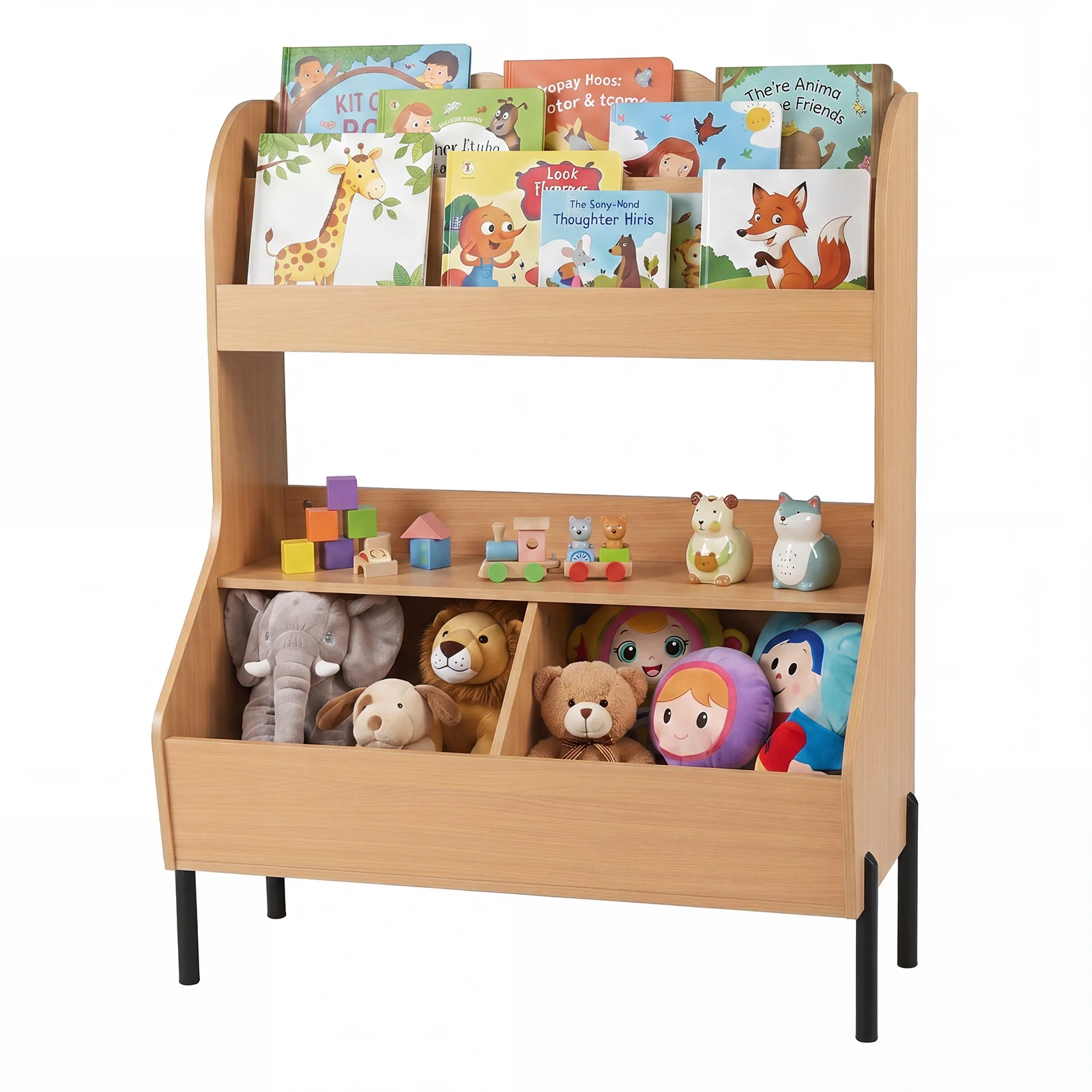 Kids Toy Storage Organizer, Wooden Montessori Bookshelf with 2 Storage Bins and Open Shelf - Image 12