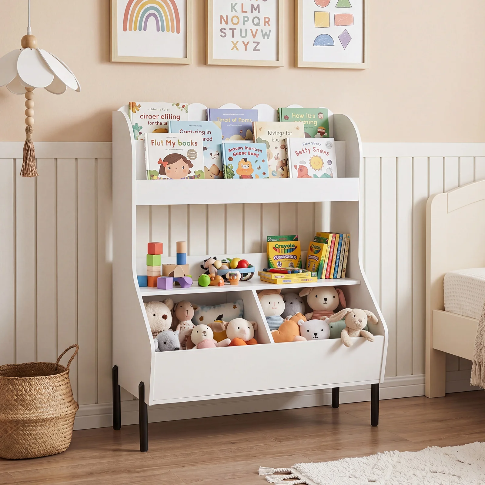 Kids Toy Storage Organizer, Wooden Montessori Bookshelf with 2 Storage Bins and Open Shelf - Image 3
