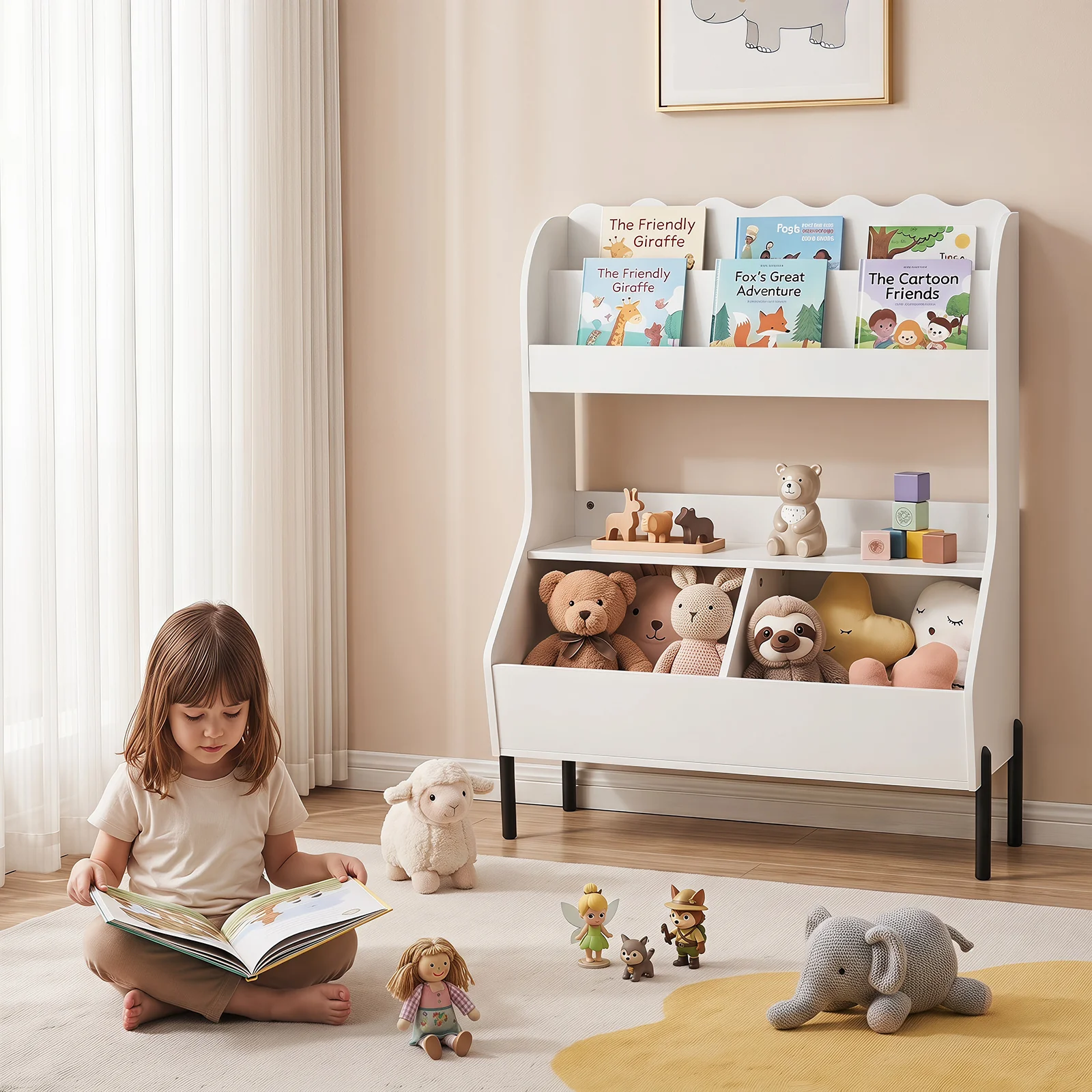 Kids Toy Storage Organizer, Wooden Montessori Bookshelf with 2 Storage Bins and Open Shelf - Image 4