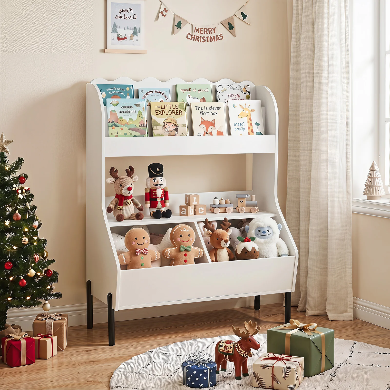 Kids Toy Storage Organizer, Wooden Montessori Bookshelf with 2 Storage Bins and Open Shelf - Image 5