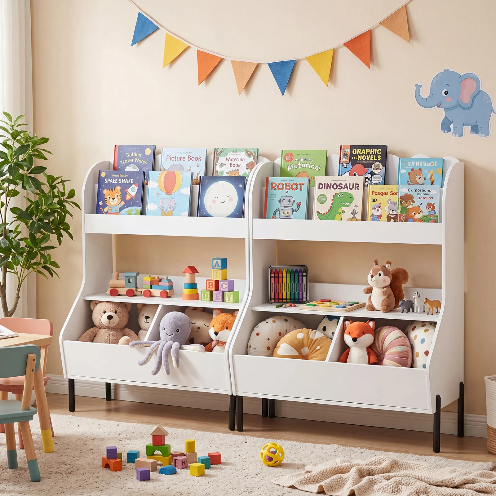 Kids Toy Storage Organizer, Wooden Montessori Bookshelf with 2 Storage Bins and Open Shelf - Image 6
