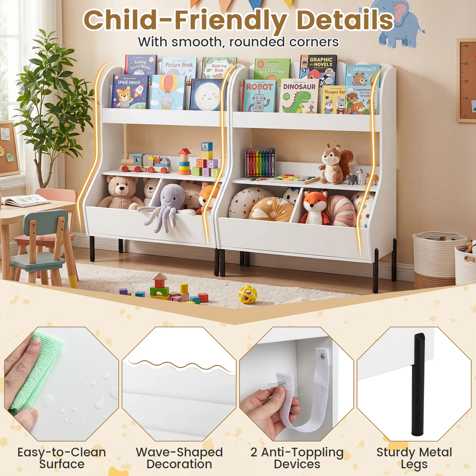 Kids Toy Storage Organizer, Wooden Montessori Bookshelf with 2 Storage Bins and Open Shelf - Image 7