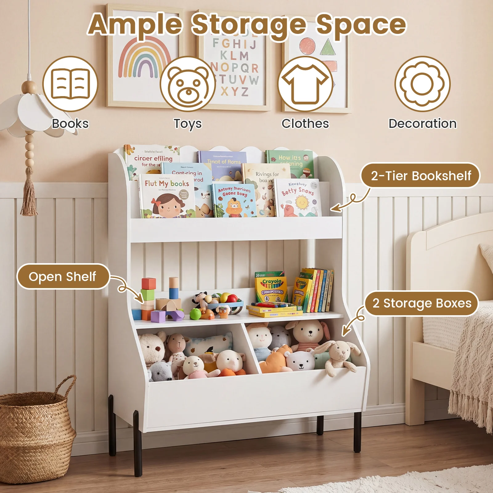 Kids Toy Storage Organizer, Wooden Montessori Bookshelf with 2 Storage Bins and Open Shelf - Image 8
