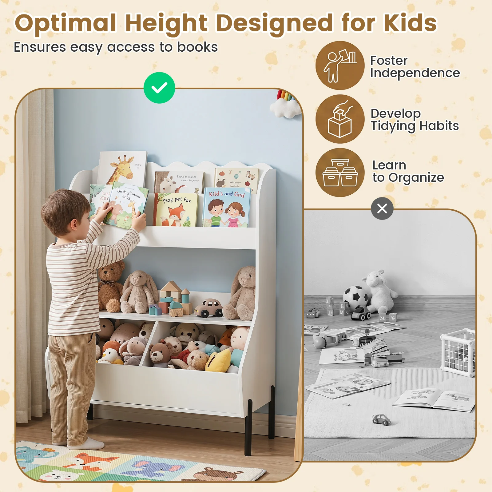 Kids Toy Storage Organizer, Wooden Montessori Bookshelf with 2 Storage Bins and Open Shelf - Image 9