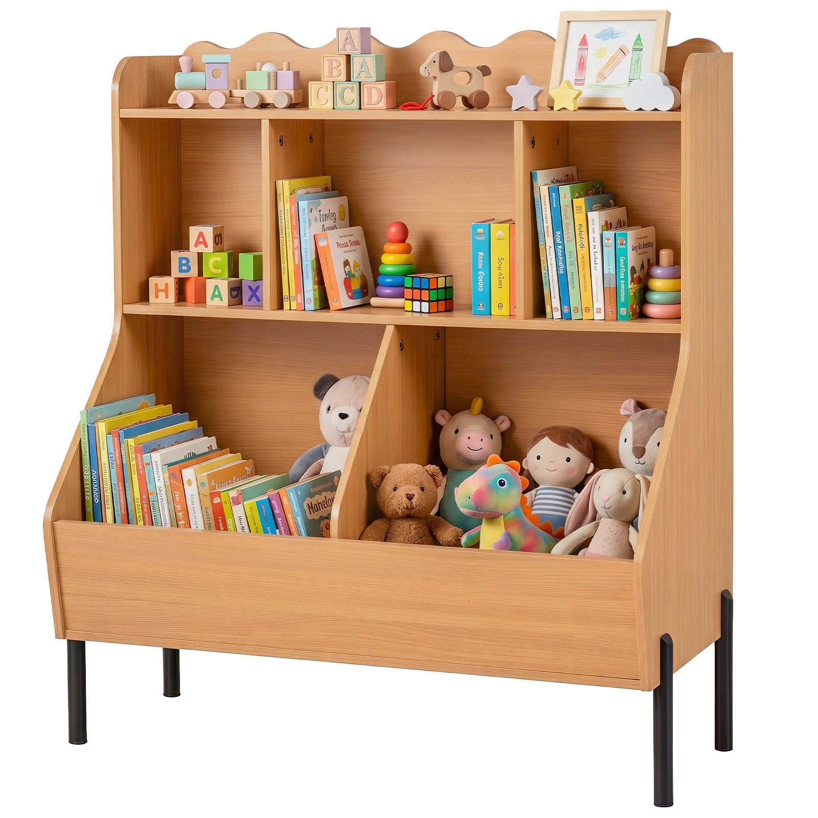 Kids Toy Storage Organizer, Wooden Montessori Bookshelf with 5 Storage Cubes, Toddler Storage Cabinet - Image 10