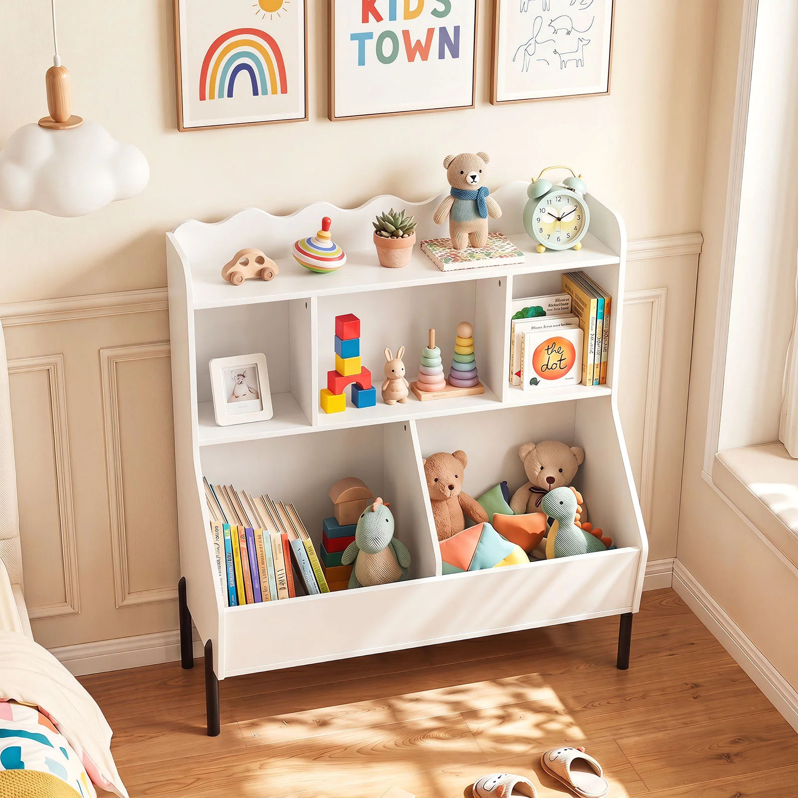 Kids Toy Storage Organizer, Wooden Montessori Bookshelf with 5 Storage Cubes, Toddler Storage Cabinet - Image 2