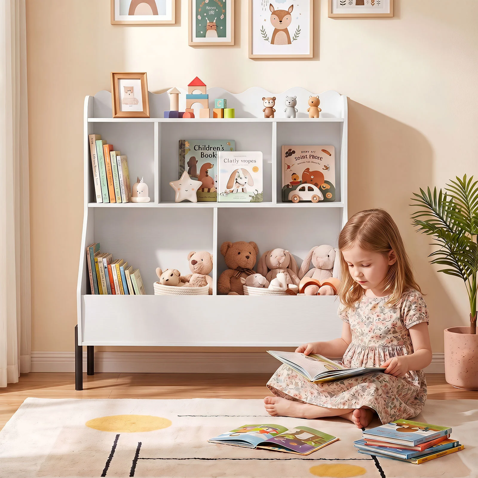 Kids Toy Storage Organizer, Wooden Montessori Bookshelf with 5 Storage Cubes, Toddler Storage Cabinet - Image 3