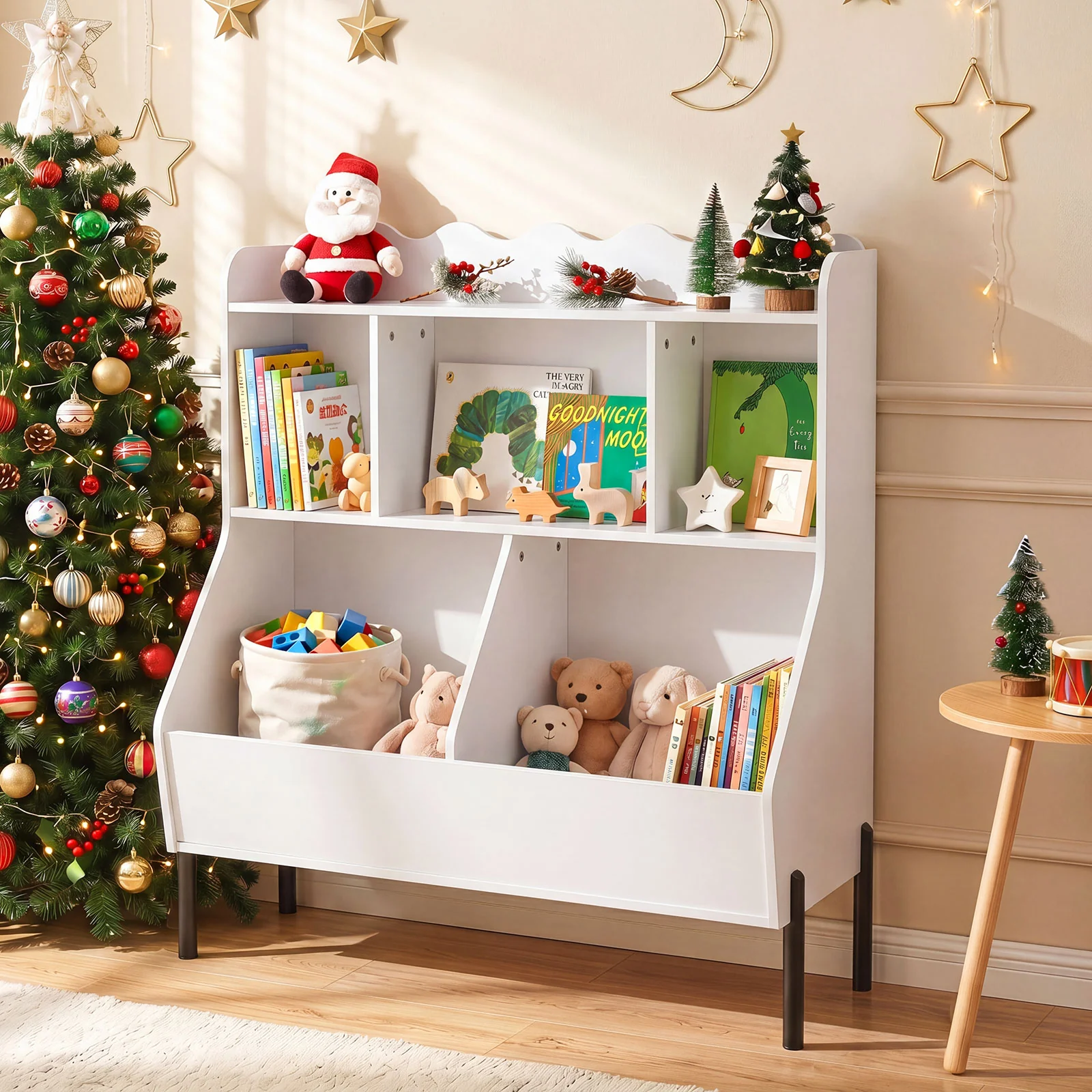 Kids Toy Storage Organizer, Wooden Montessori Bookshelf with 5 Storage Cubes, Toddler Storage Cabinet - Image 5