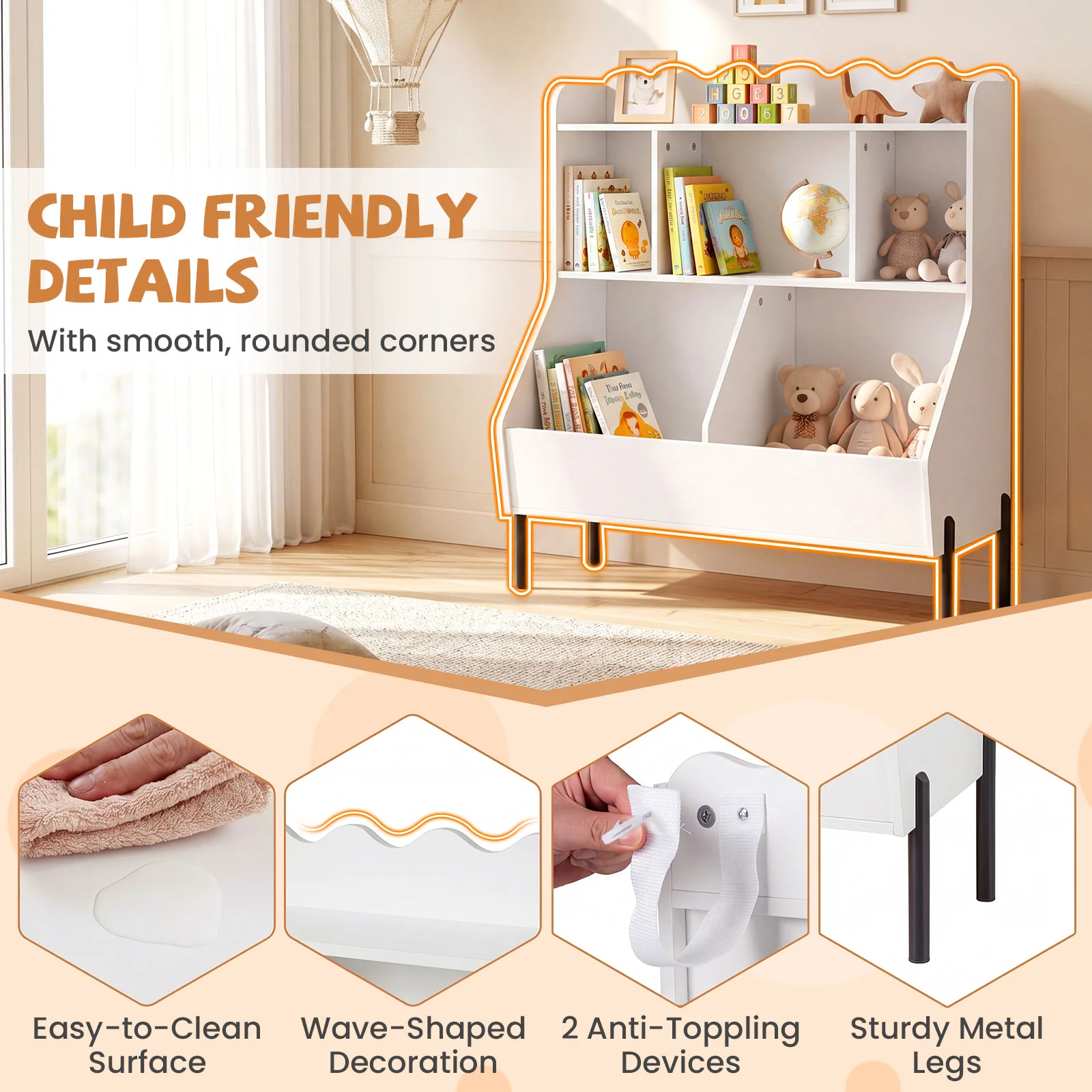 Kids Toy Storage Organizer, Wooden Montessori Bookshelf with 5 Storage Cubes, Toddler Storage Cabinet - Image 7