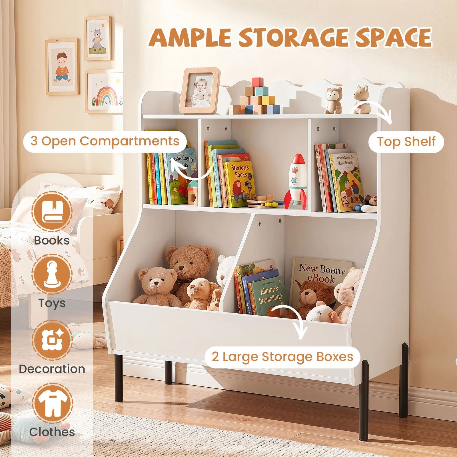 Kids Toy Storage Organizer, Wooden Montessori Bookshelf with 5 Storage Cubes, Toddler Storage Cabinet - Image 8