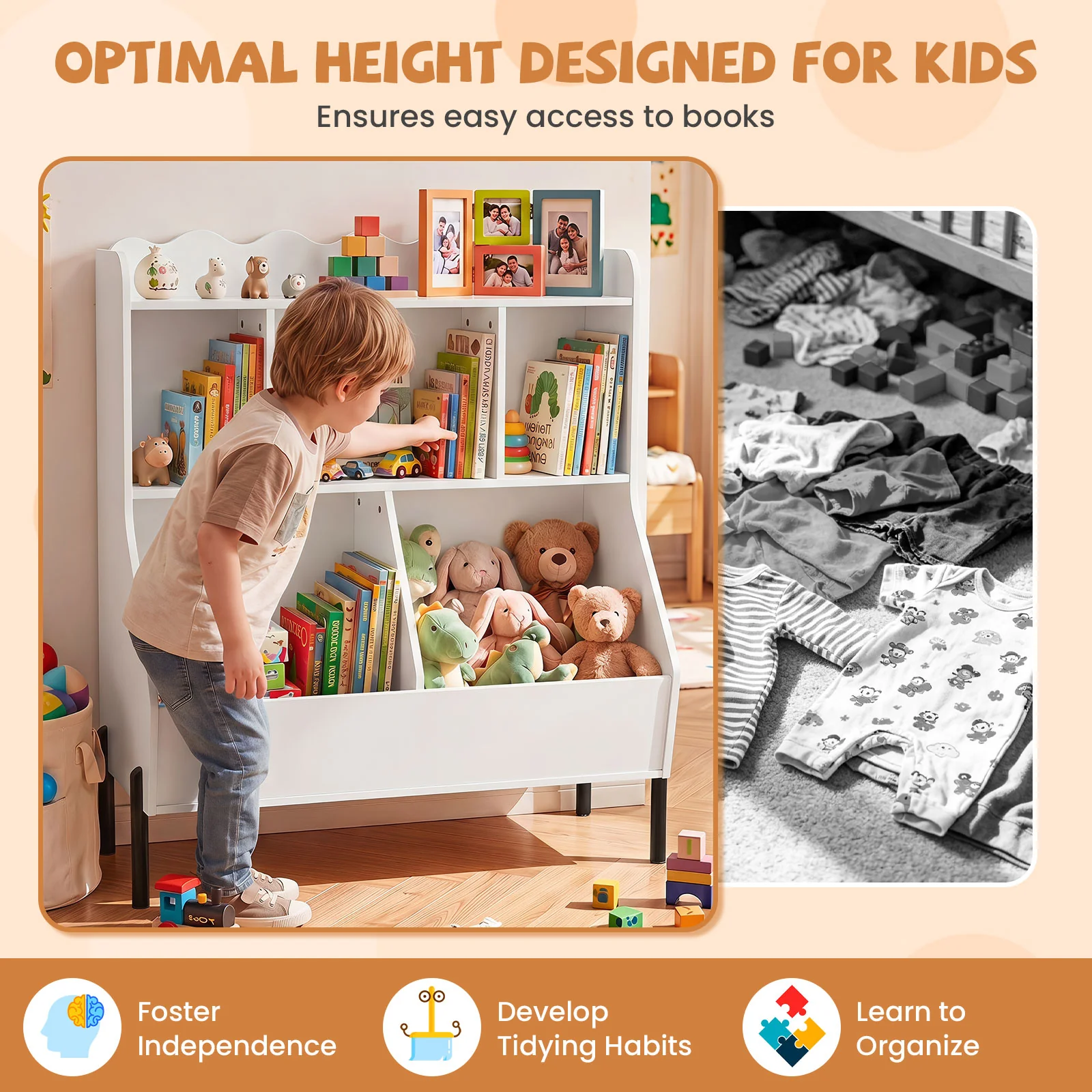 Kids Toy Storage Organizer, Wooden Montessori Bookshelf with 5 Storage Cubes, Toddler Storage Cabinet - Image 9