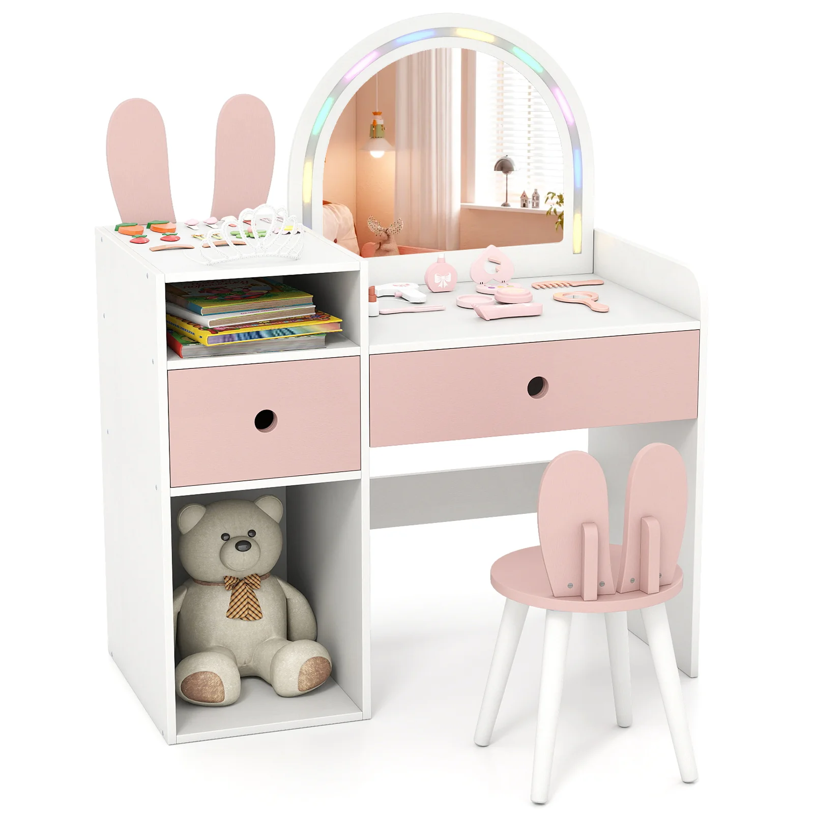 Kids Vanity Desk with Lights Princess Bunny Makeup Table with Lighted Mirror - Image 14
