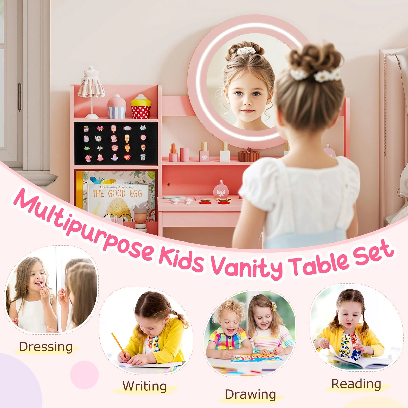 Kids Vanity Desk with Open Storage Shelves and Rings Slots - Image 11