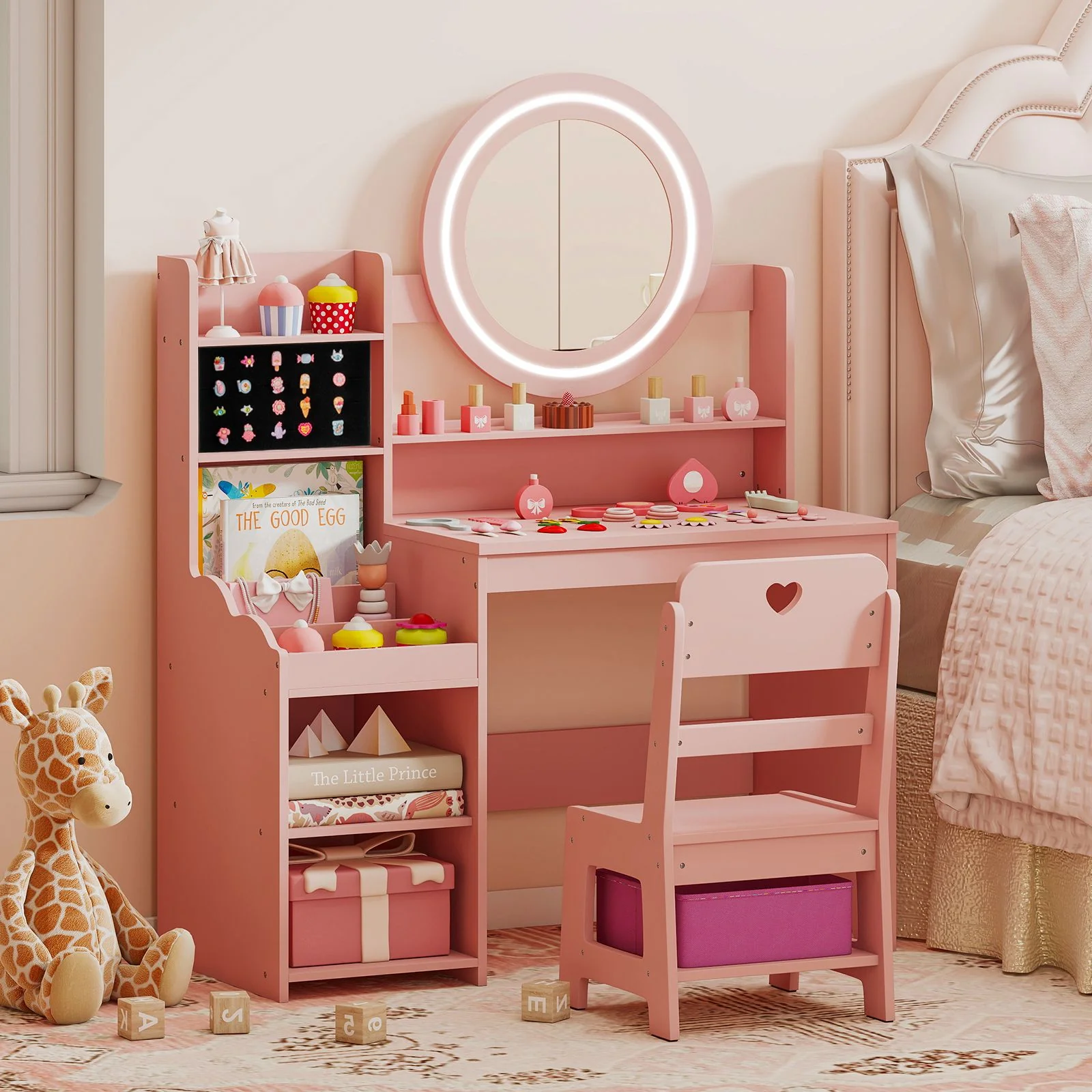 Kids Vanity Desk with Open Storage Shelves and Rings Slots - Image 2