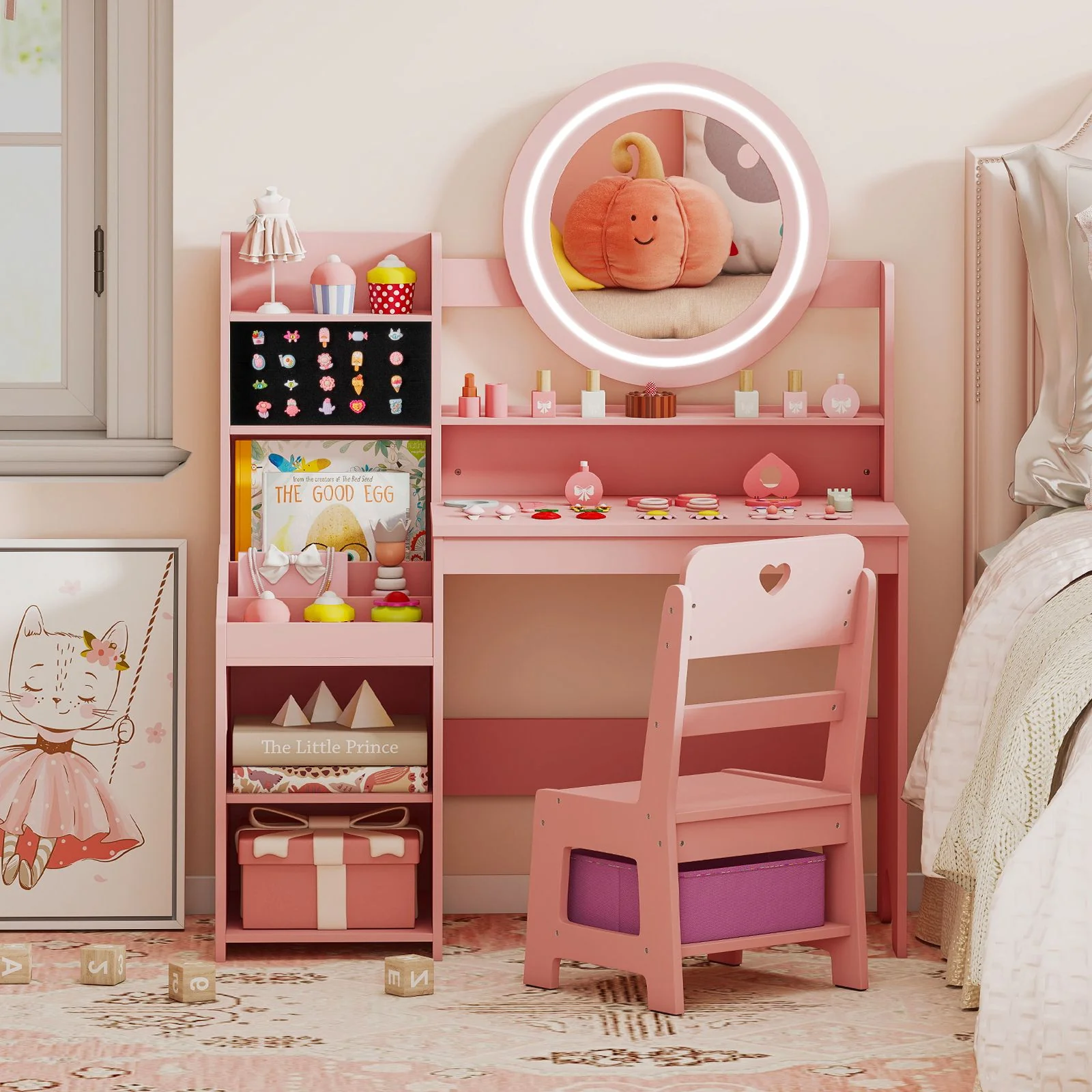 Kids Vanity Desk with Open Storage Shelves and Rings Slots - Image 3