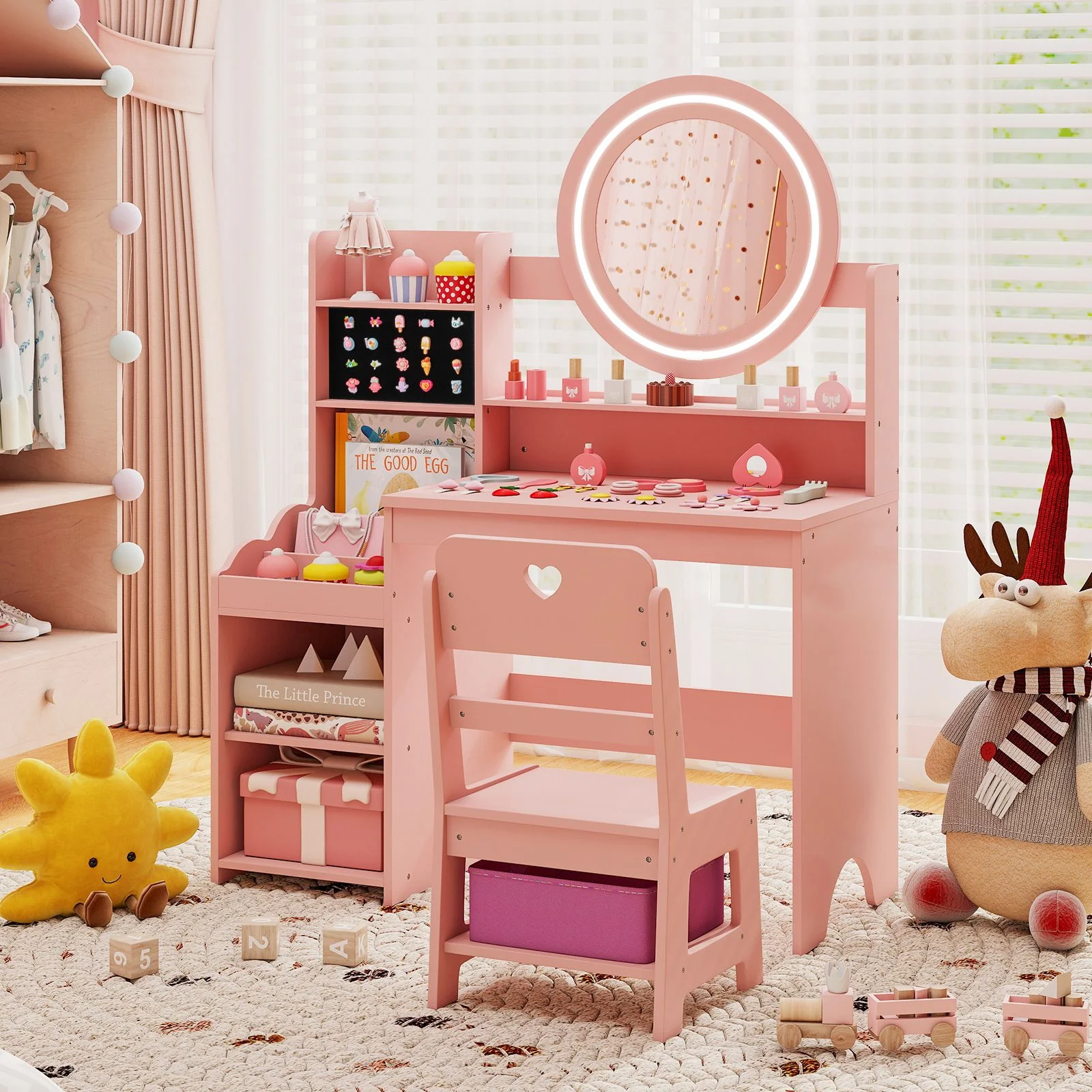 Kids Vanity Desk with Open Storage Shelves and Rings Slots - Image 4