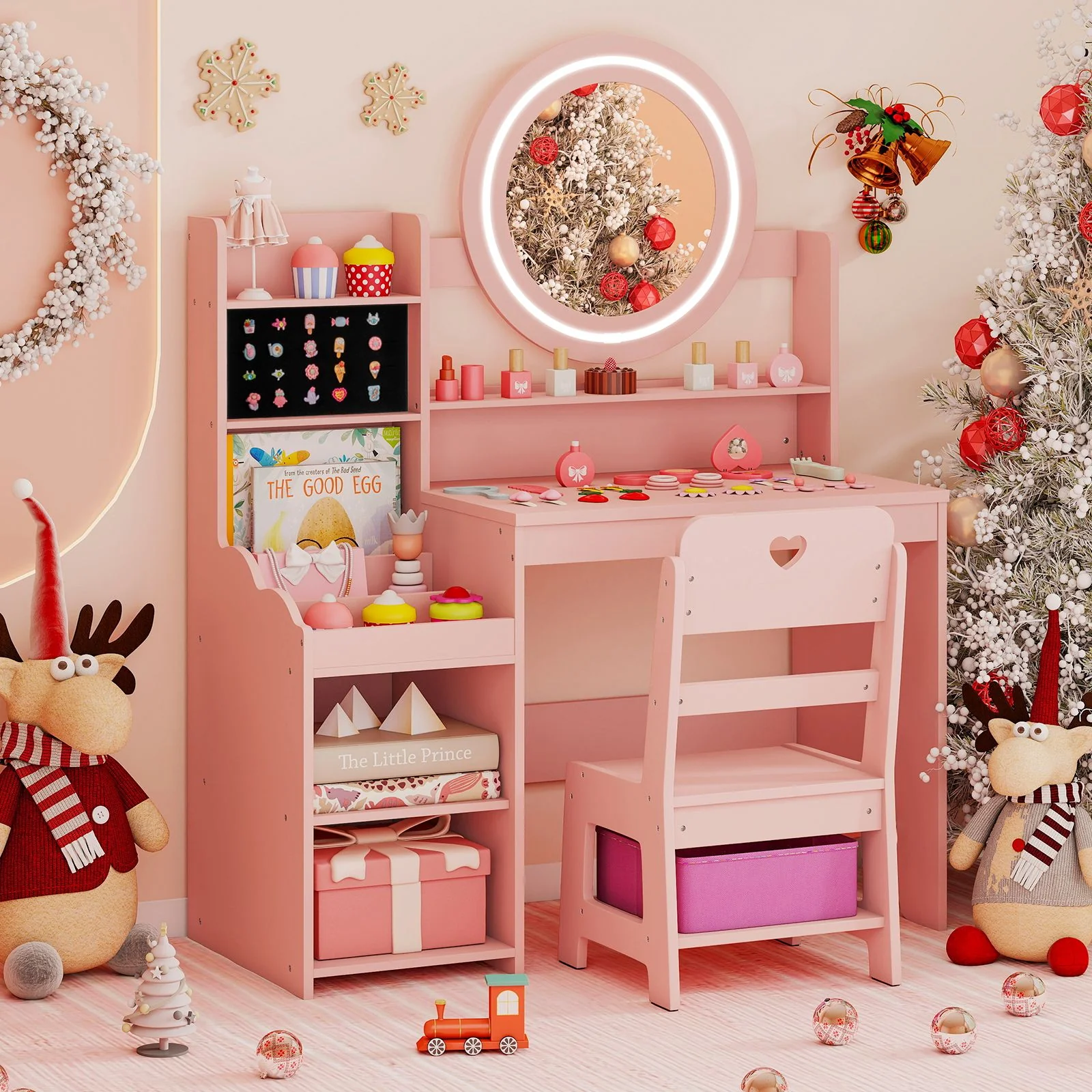 Kids Vanity Desk with Open Storage Shelves and Rings Slots - Image 5