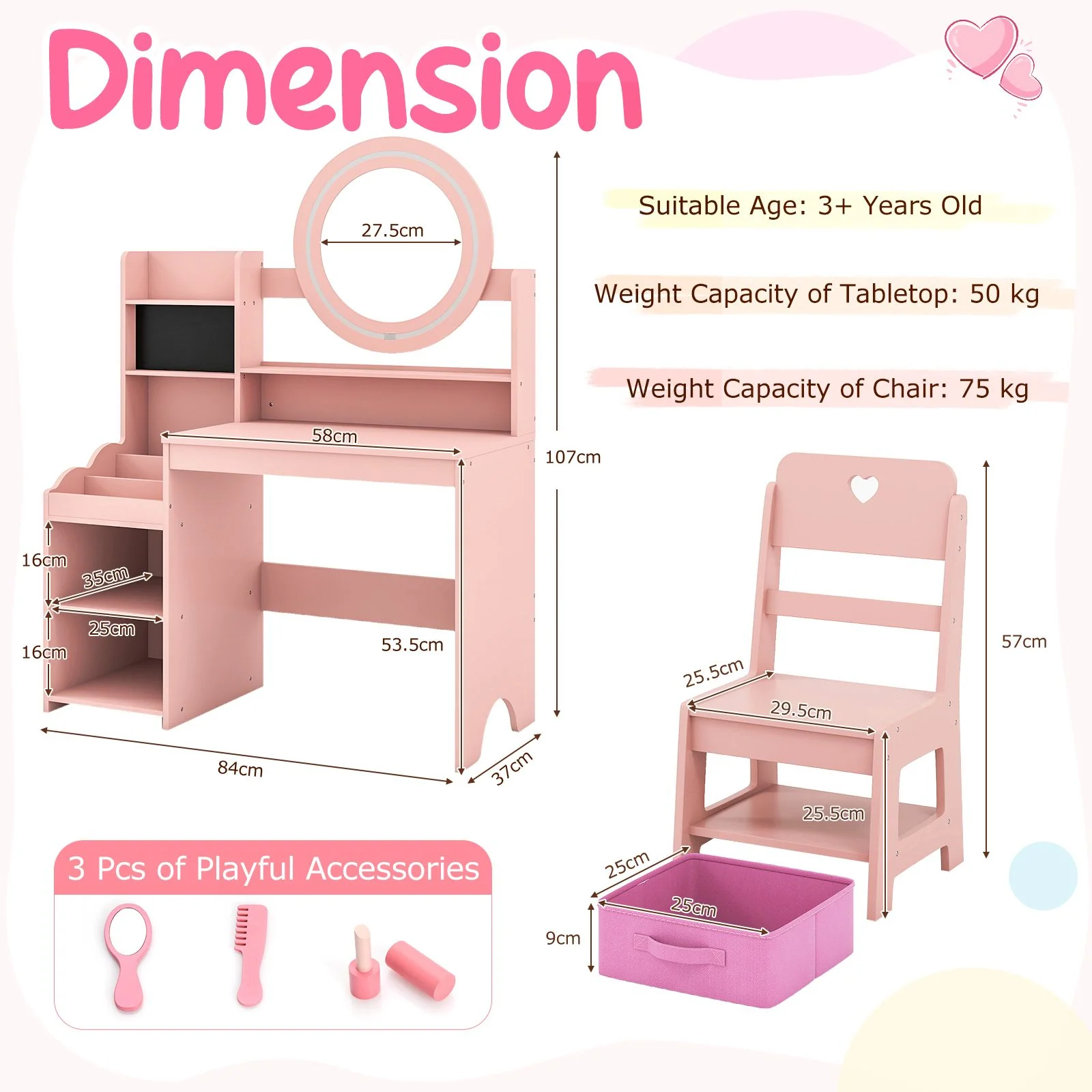 Kids Vanity Desk with Open Storage Shelves and Rings Slots - Image 6