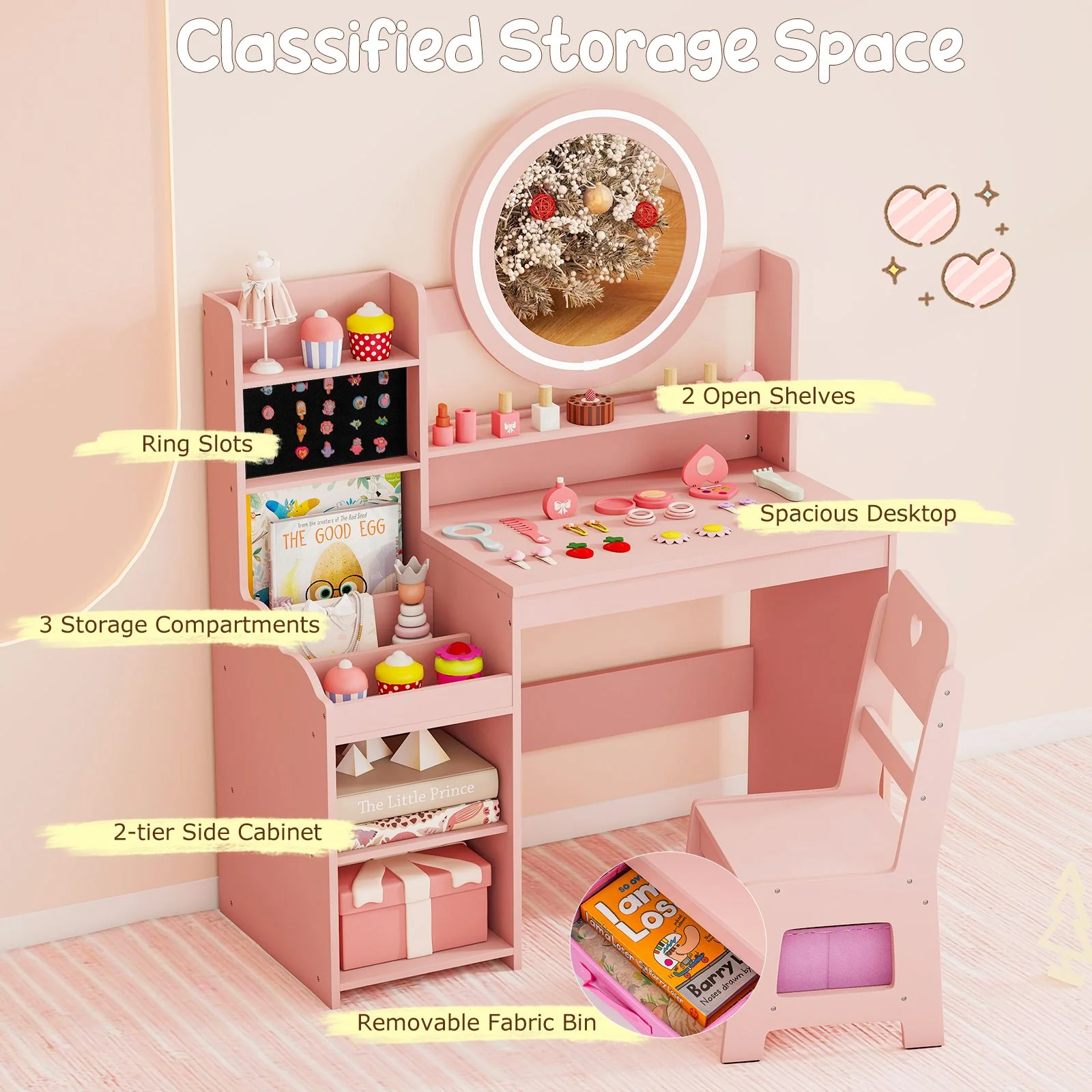 Kids Vanity Desk with Open Storage Shelves and Rings Slots - Image 8