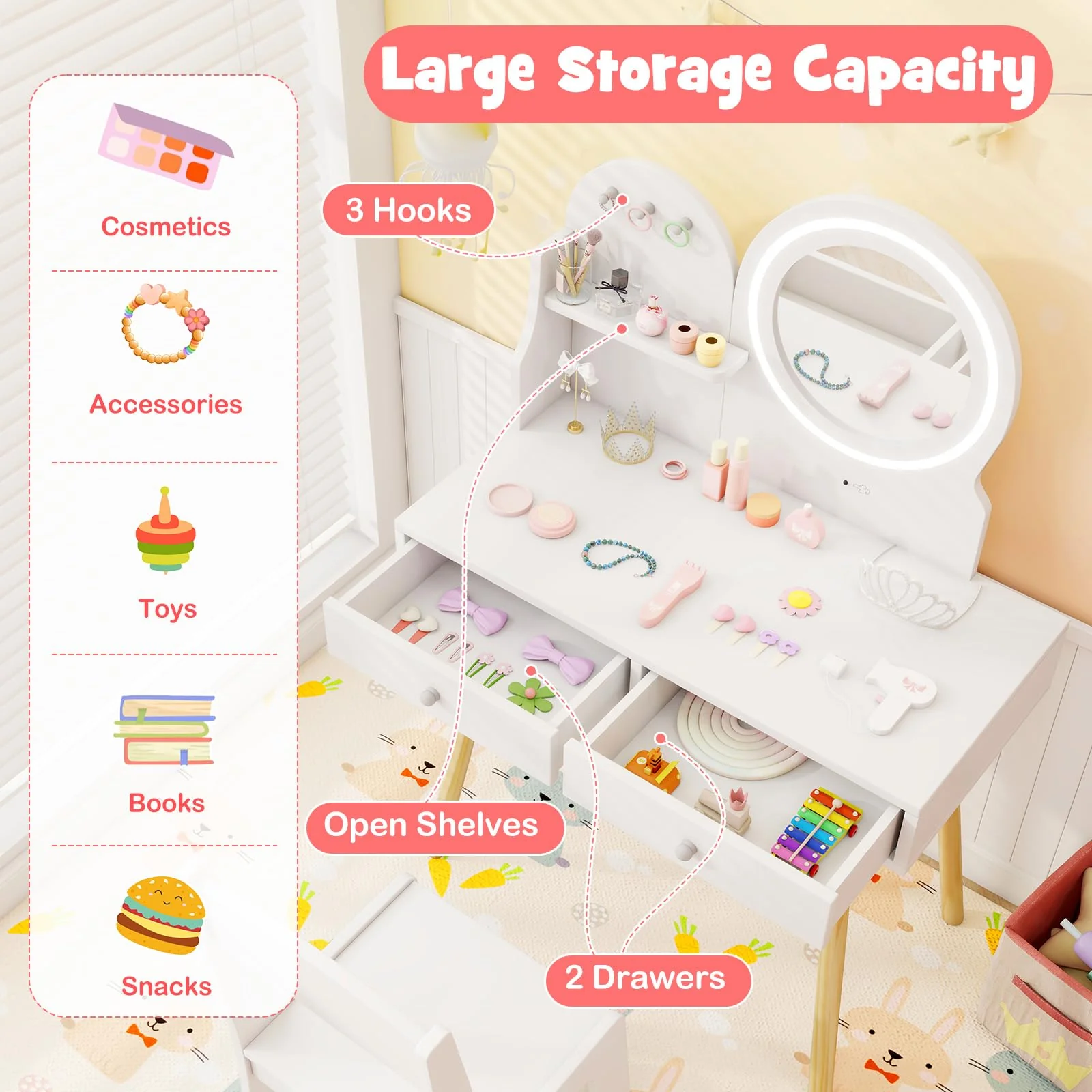 Kids Vanity Set, Princess Dressing Table with Chair, 2-Color Front Lit Mirror, 2 Drawers, Open Storage Shelve - Image 3