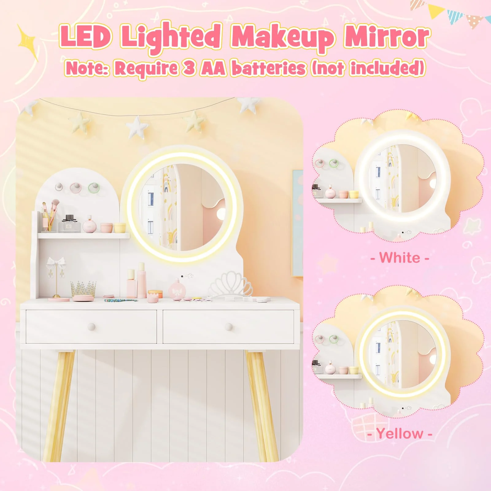 Kids Vanity Set, Princess Dressing Table with Chair, 2-Color Front Lit Mirror, 2 Drawers, Open Storage Shelve - Image 4