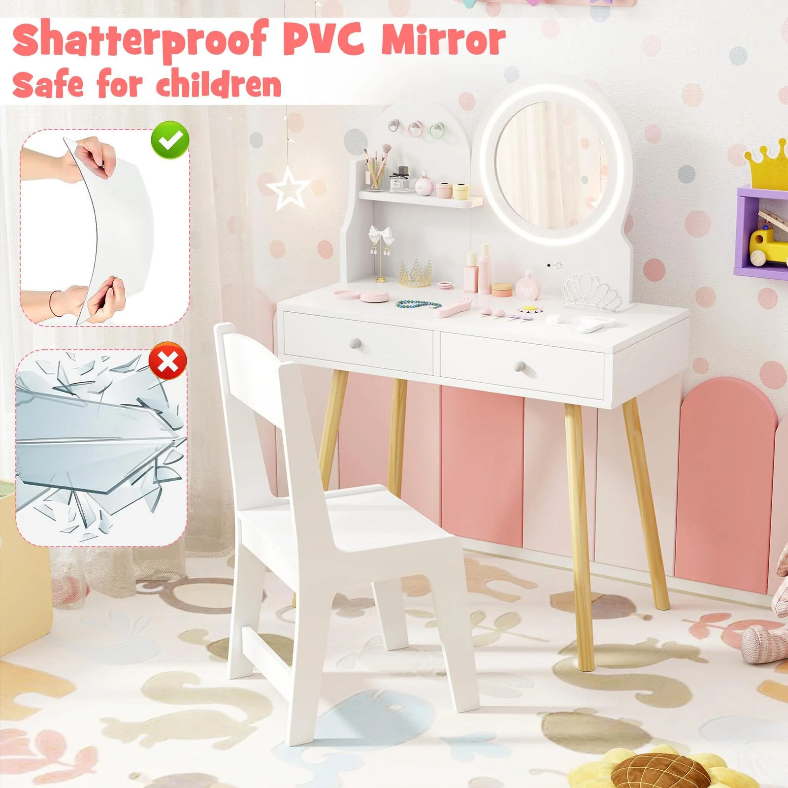 Kids Vanity Set, Princess Dressing Table with Chair, 2-Color Front Lit Mirror, 2 Drawers, Open Storage Shelve - Image 5