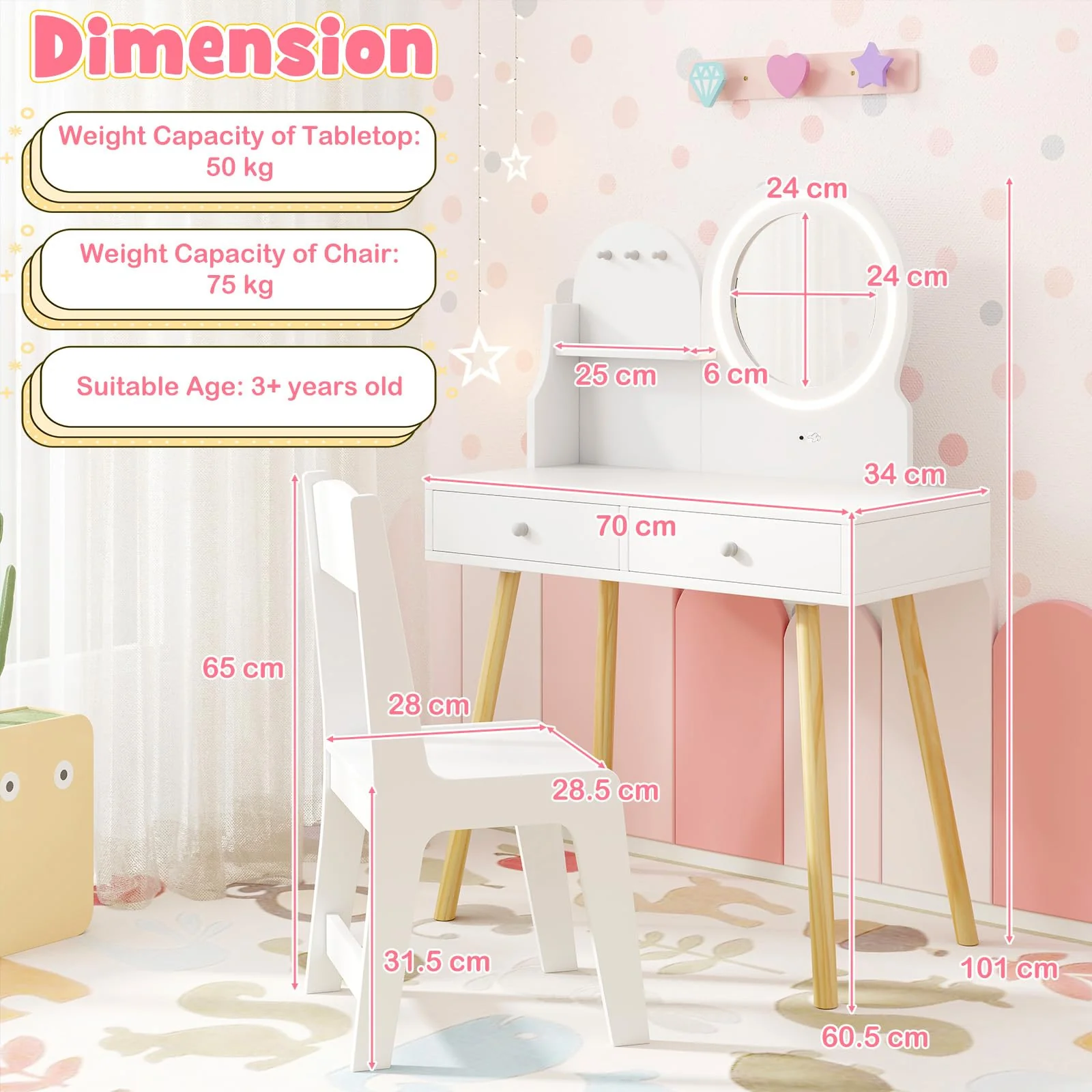 Kids Vanity Set, Princess Dressing Table with Chair, 2-Color Front Lit Mirror, 2 Drawers, Open Storage Shelve - Image 6