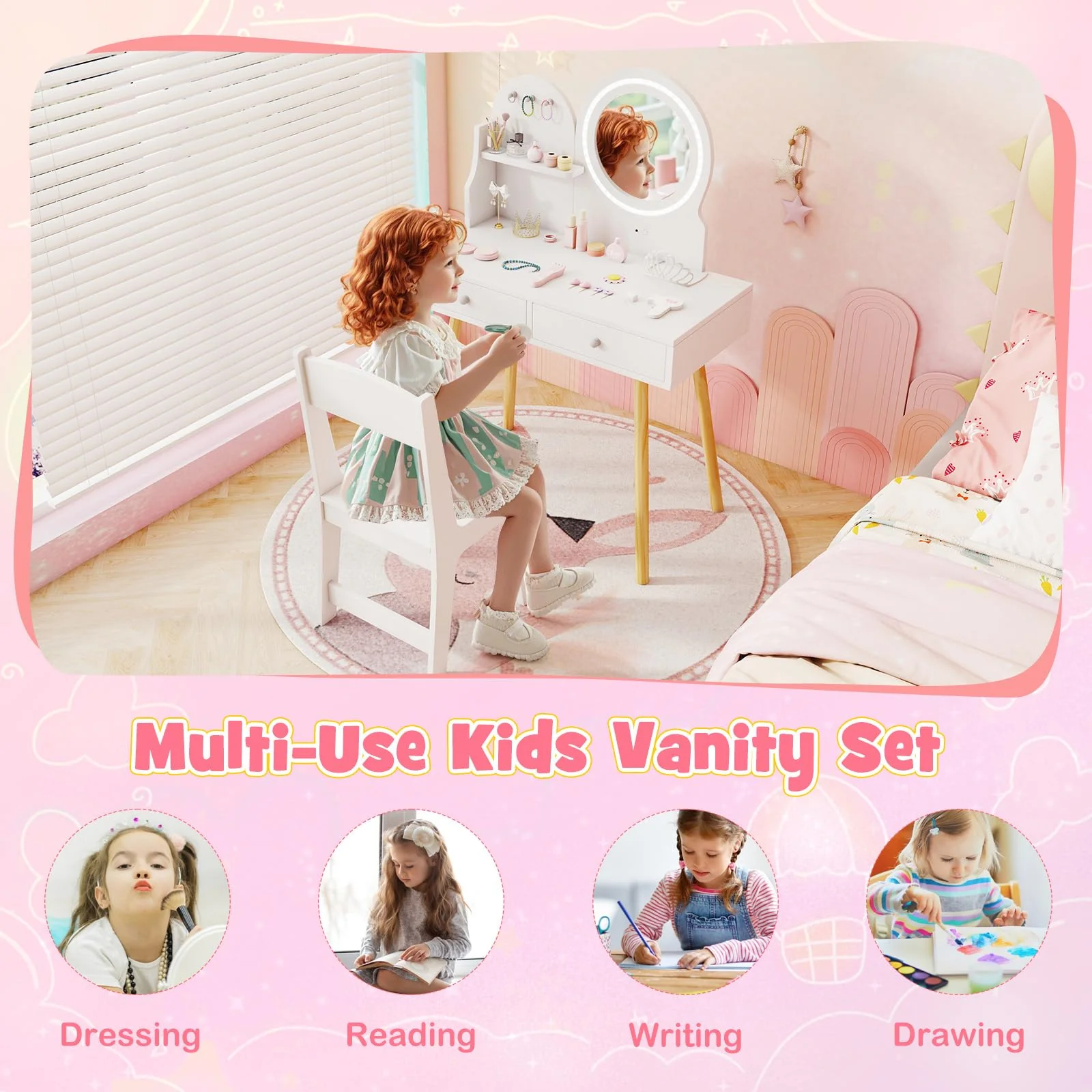 Kids Vanity Set, Princess Dressing Table with Chair, 2-Color Front Lit Mirror, 2 Drawers, Open Storage Shelve - Image 7