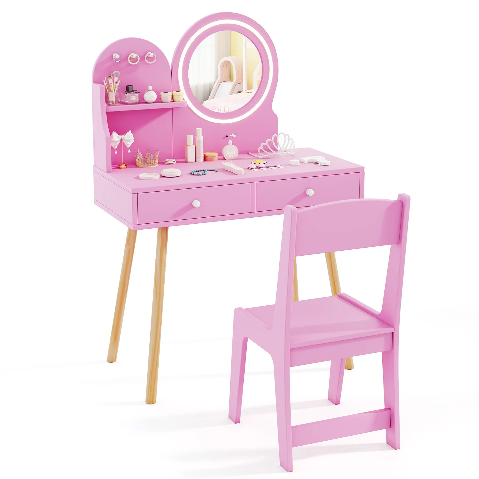 Kids Vanity Set, Princess Dressing Table with Chair, 2-Color Front Lit Mirror, 2 Drawers, Open Storage Shelve - Image 9