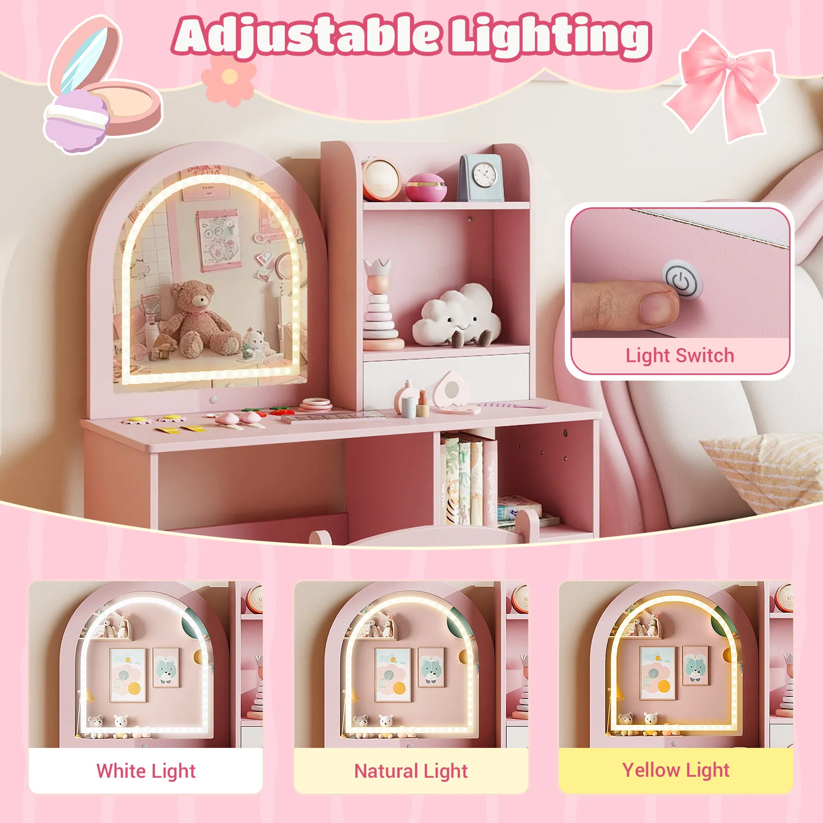 Kids Vanity Set, Princess Girls Makeup Vanity Desk with Chair - Image 4