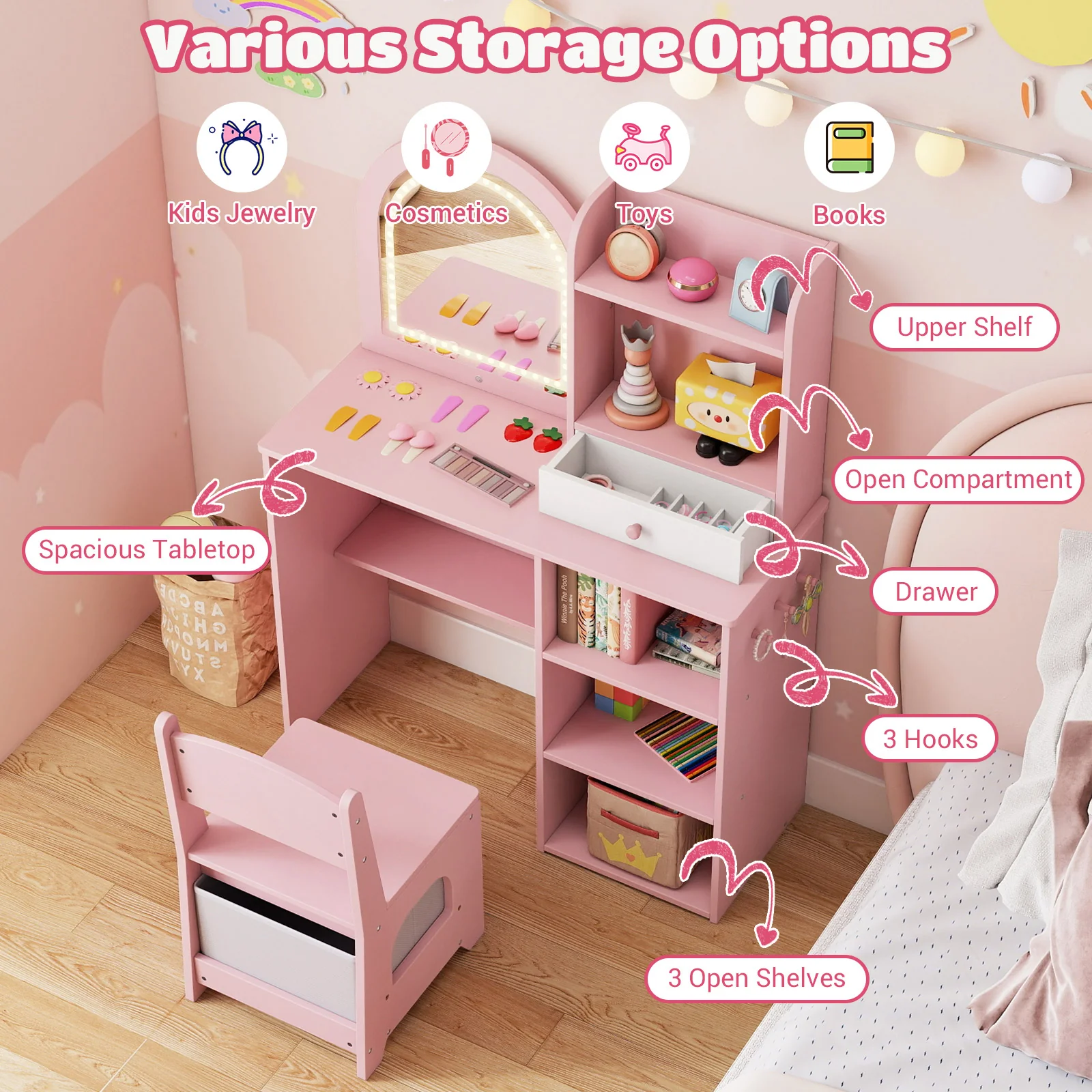 Kids Vanity Set, Princess Girls Makeup Vanity Desk with Chair - Image 5