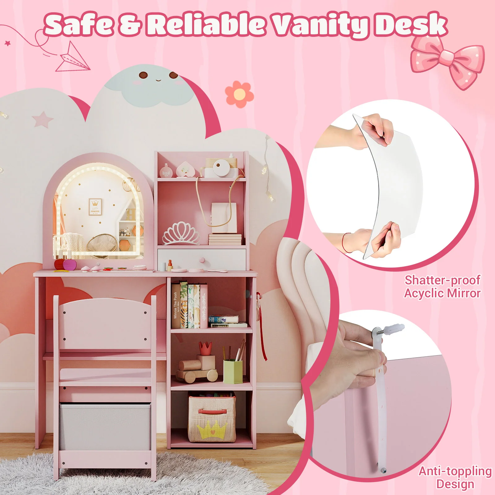 Kids Vanity Set, Princess Girls Makeup Vanity Desk with Chair - Image 6