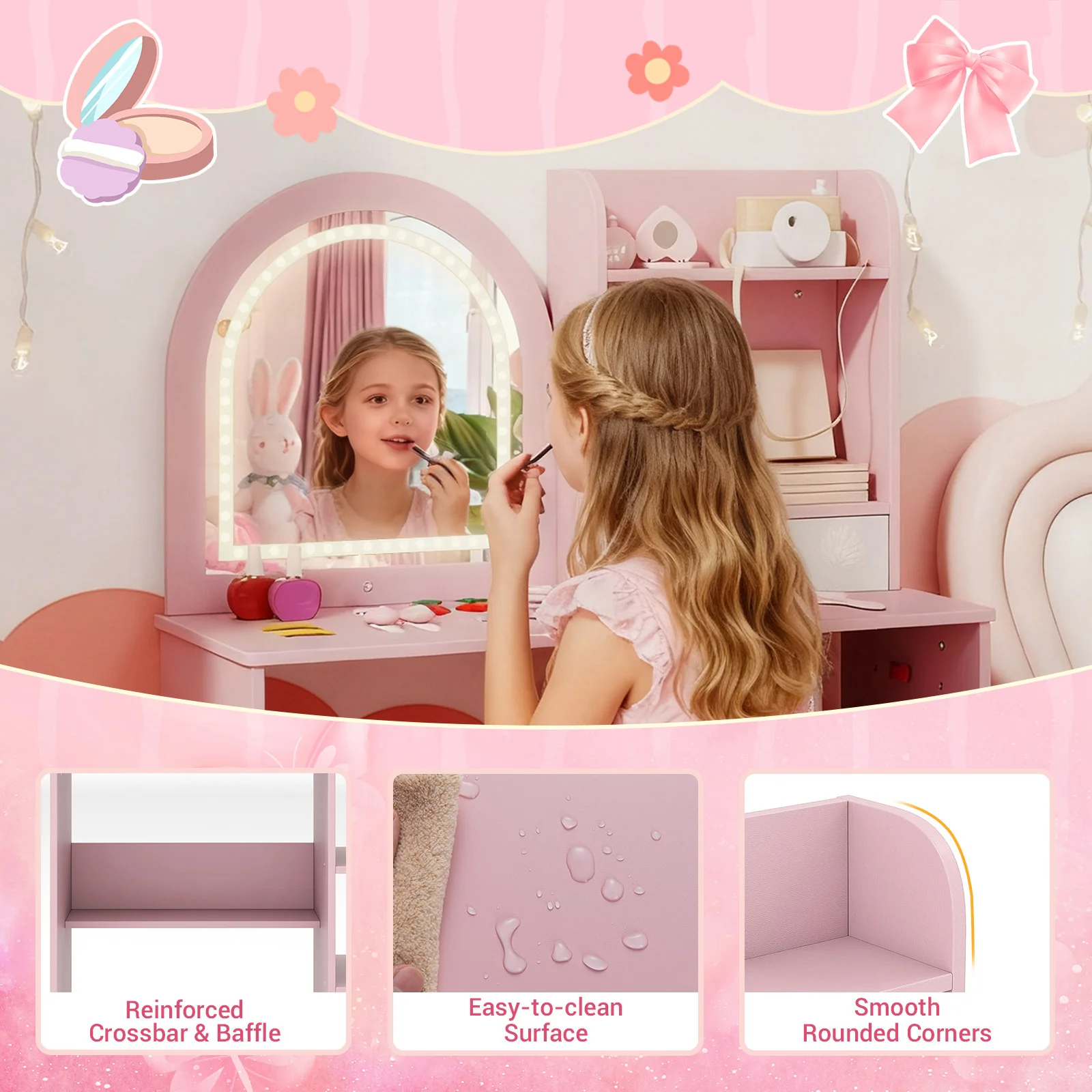 Kids Vanity Set, Princess Girls Makeup Vanity Desk with Chair - Image 8
