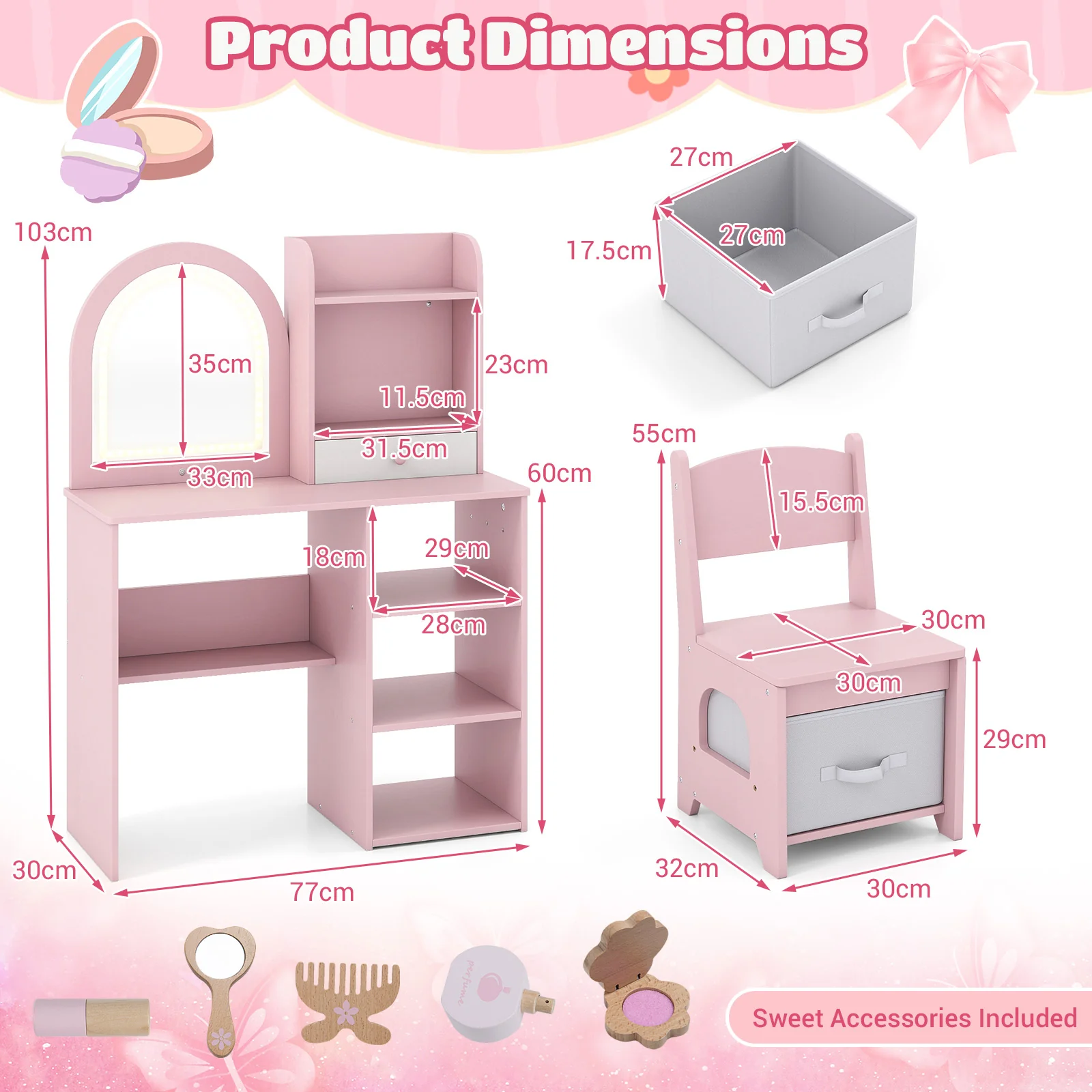 Kids Vanity Set, Princess Girls Makeup Vanity Desk with Chair - Image 9